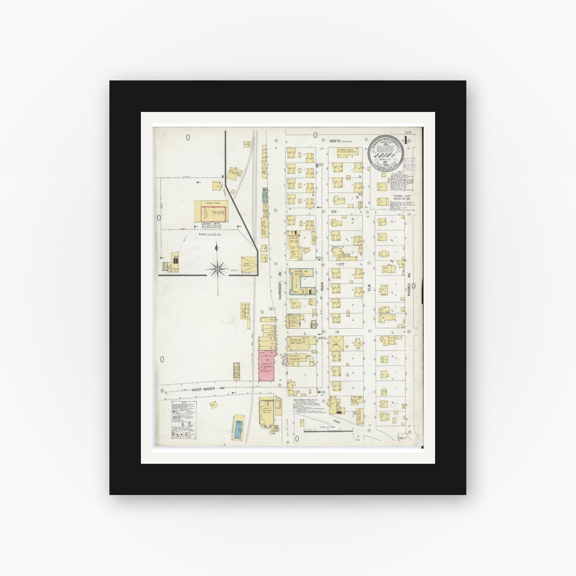 Old map wall art mockup — black gallery frame with white mat — Sanborn Fire Insurance Map from West Baden, Orange County, Indiana (1906) - Complete Map Set