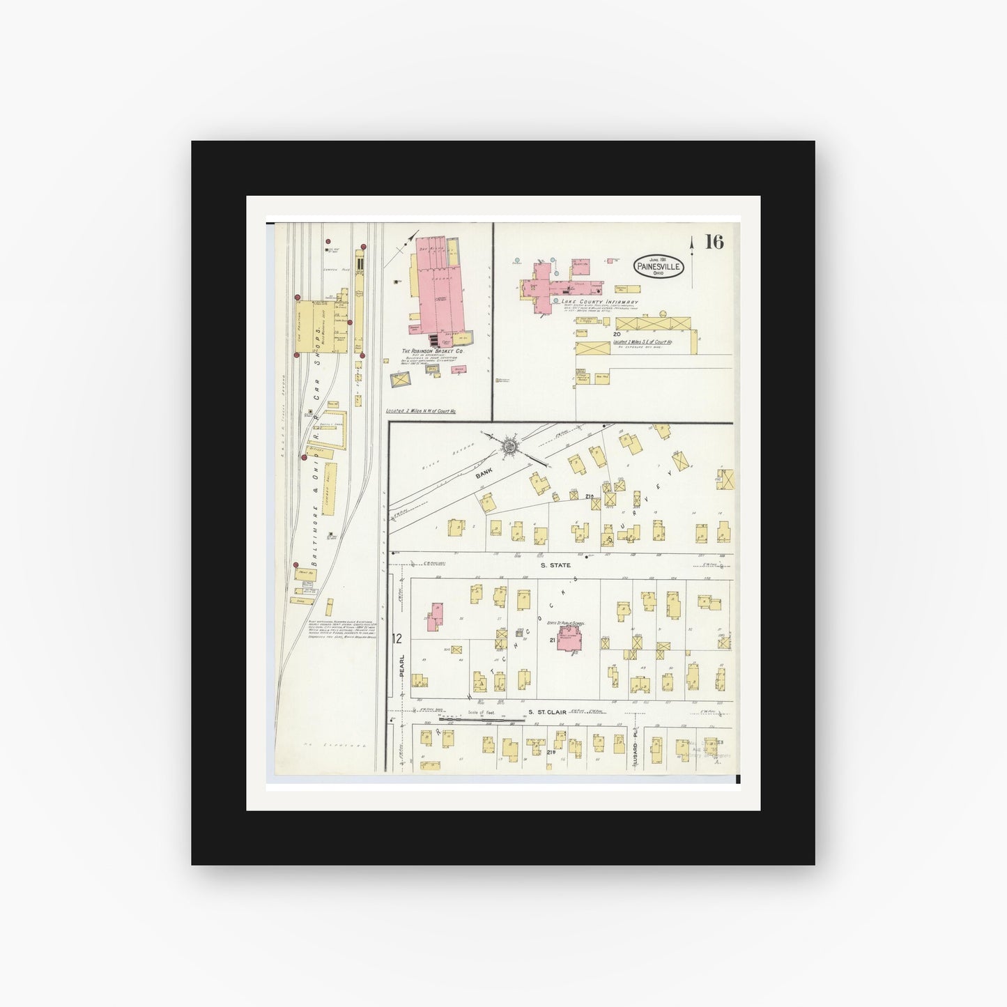 Old map wall art mockup — black gallery frame with white mat — Sanborn Fire Insurance Map from Painesville, Lake County, Ohio (1911), Sheet #0016