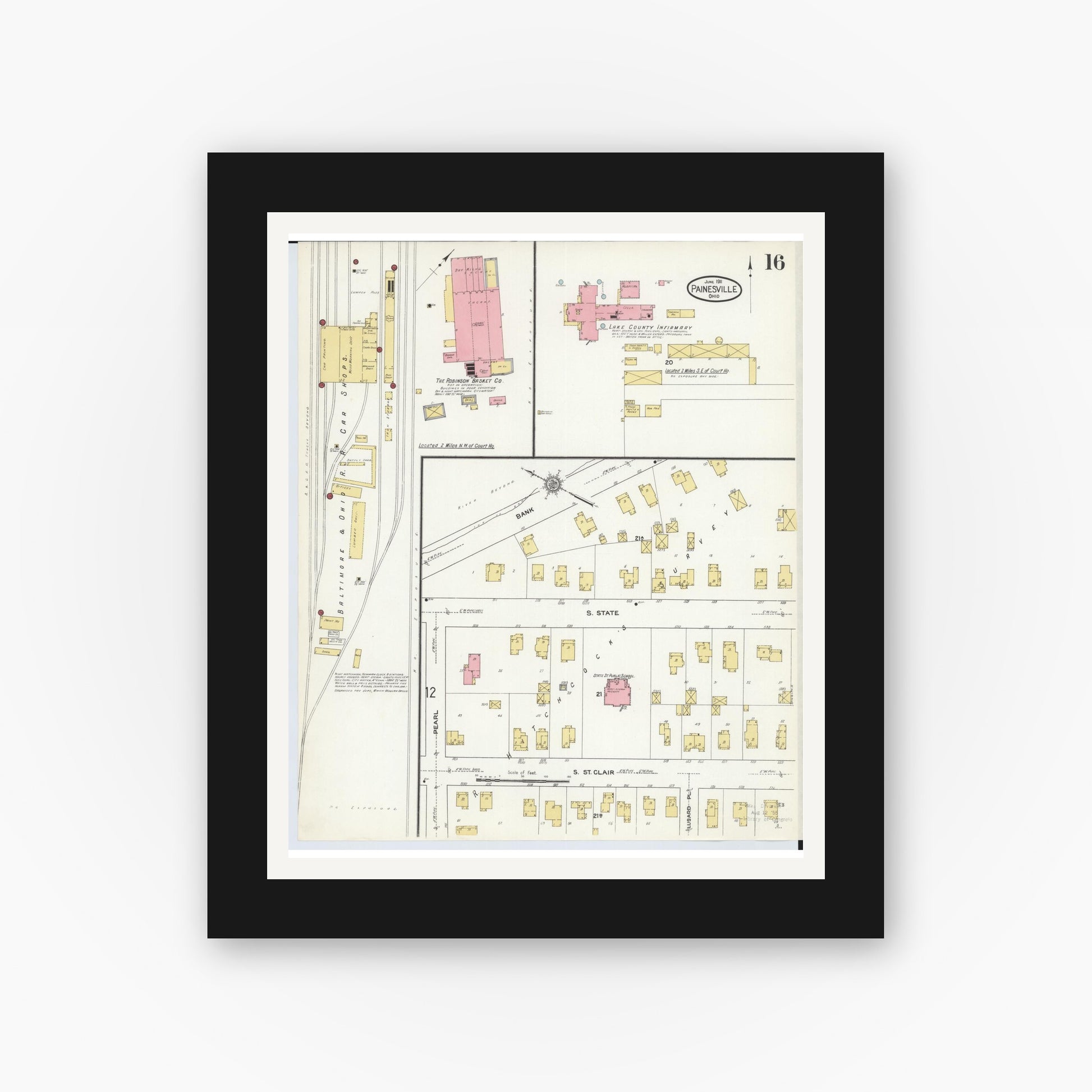 Old map wall art mockup — black gallery frame with white mat — Sanborn Fire Insurance Map from Painesville, Lake County, Ohio (1911), Sheet #0016