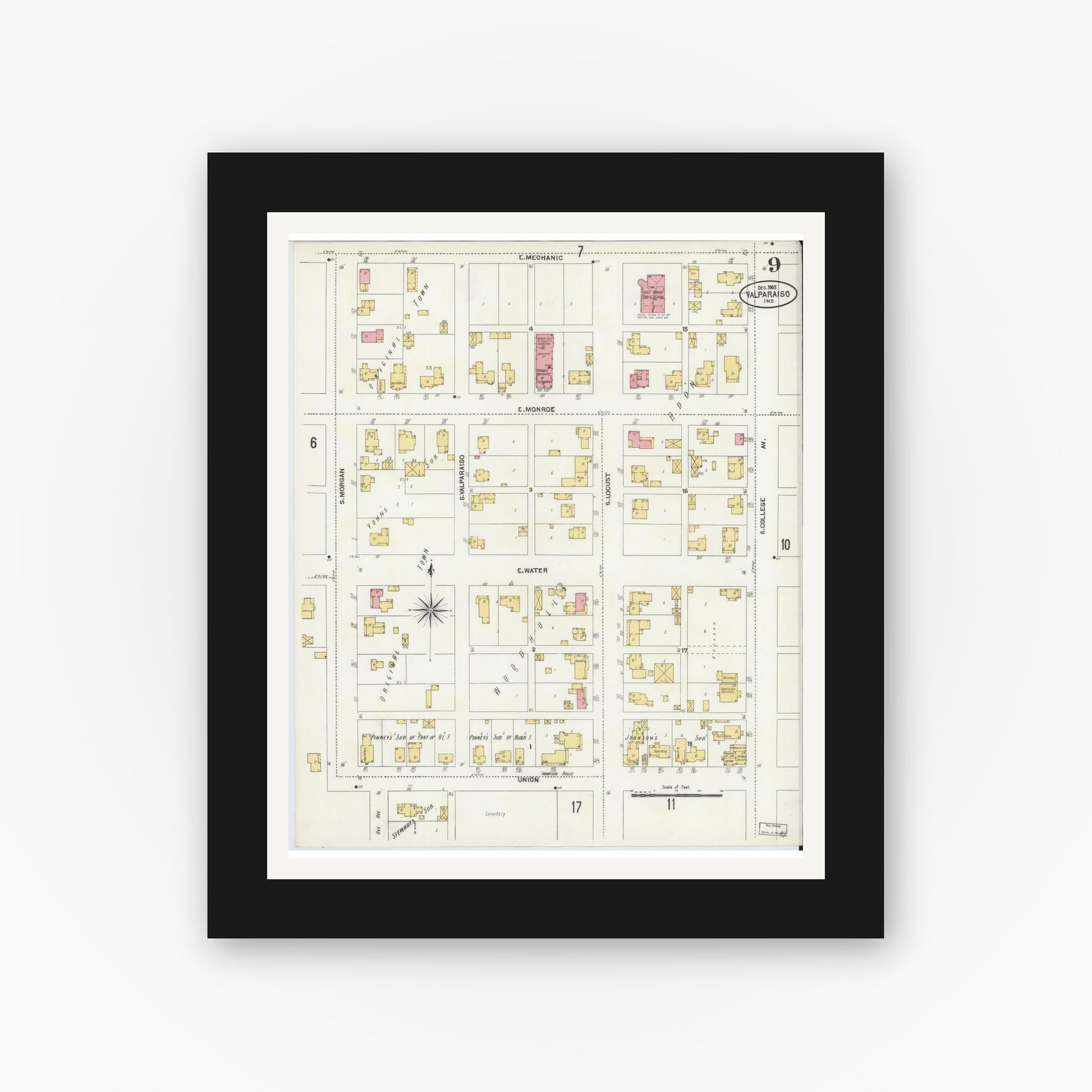 Old map wall art mockup — black gallery frame with white mat — Sanborn Fire Insurance Map from Valparaiso, Porter County, Indiana (1905), Sheet #0009