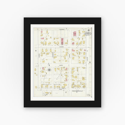 Old map wall art mockup — black gallery frame with white mat — Sanborn Fire Insurance Map from Valparaiso, Porter County, Indiana (1905), Sheet #0009