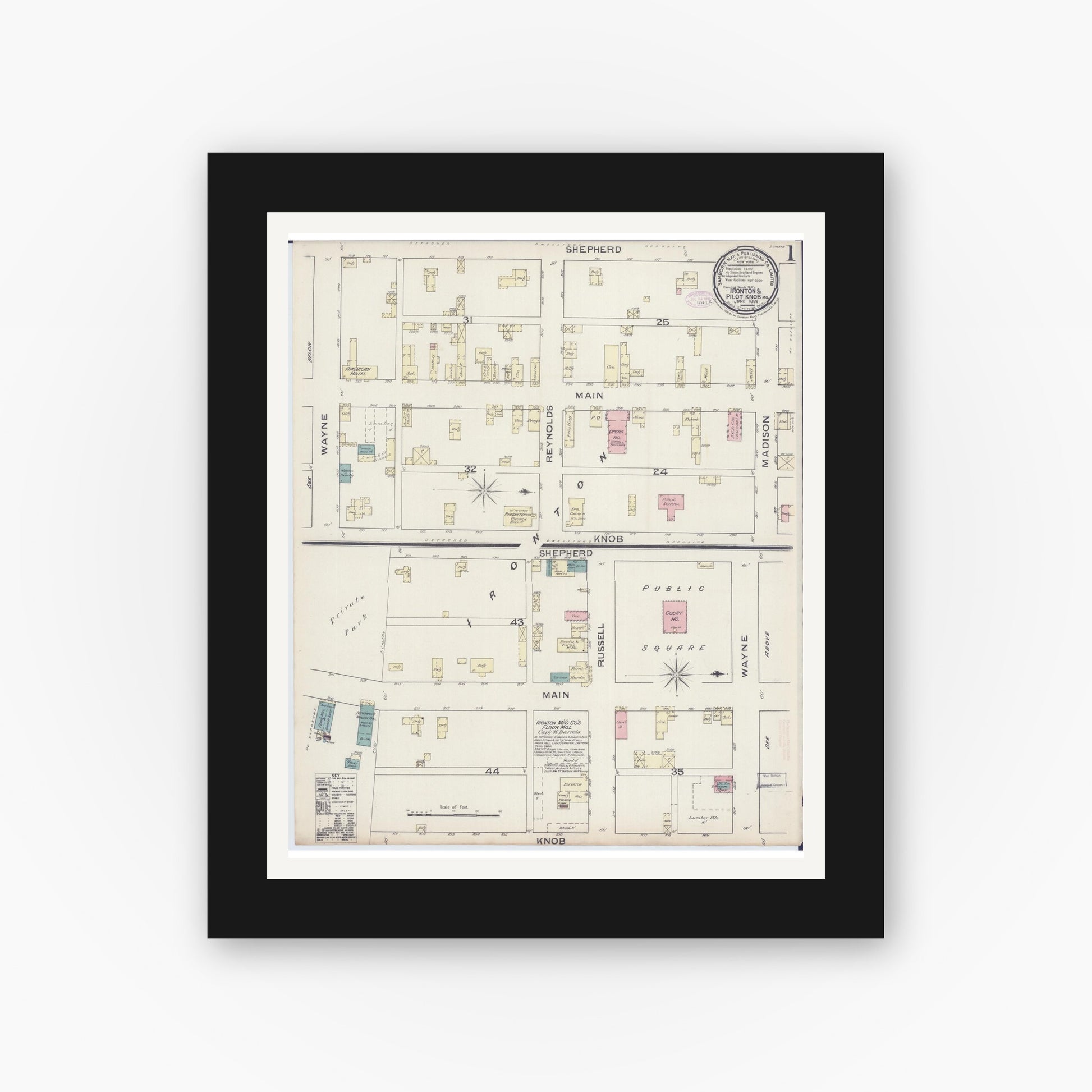 Old map wall art mockup — black gallery frame with white mat — Sanborn Fire Insurance Map from Ironton, Iron County, Missouri (1886), Sheet #0001