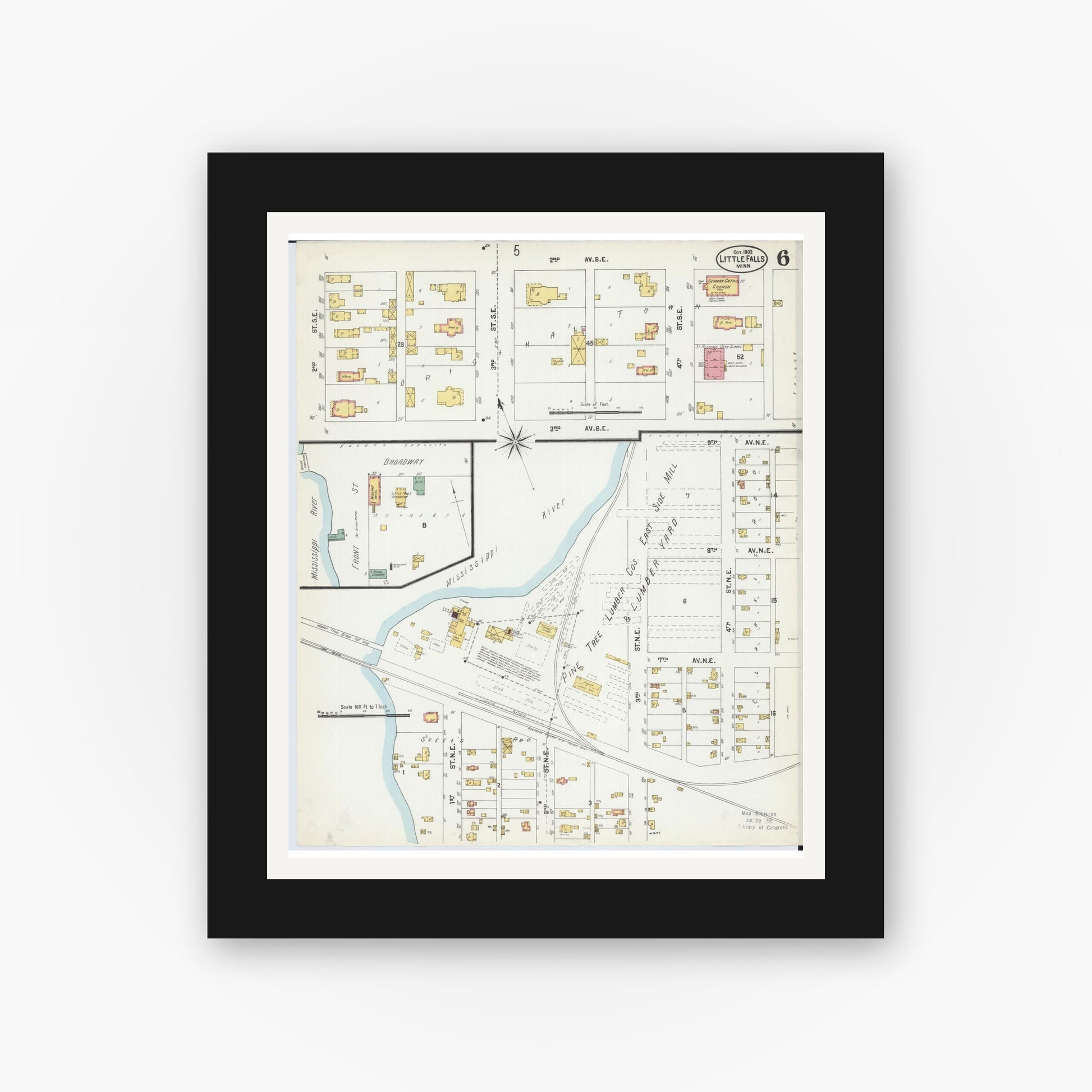 Old map wall art mockup — black gallery frame with white mat — Sanborn Fire Insurance Map from Little Falls, Morrison County, Minnesota (1902), Sheet #0006