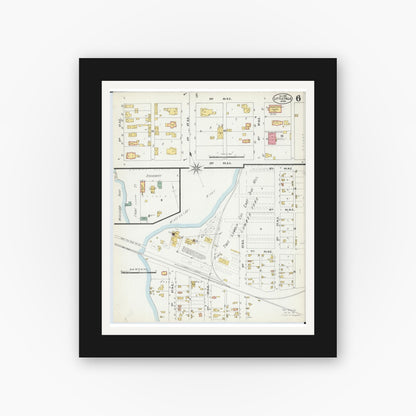 Old map wall art mockup — black gallery frame with white mat — Sanborn Fire Insurance Map from Little Falls, Morrison County, Minnesota (1902), Sheet #0006