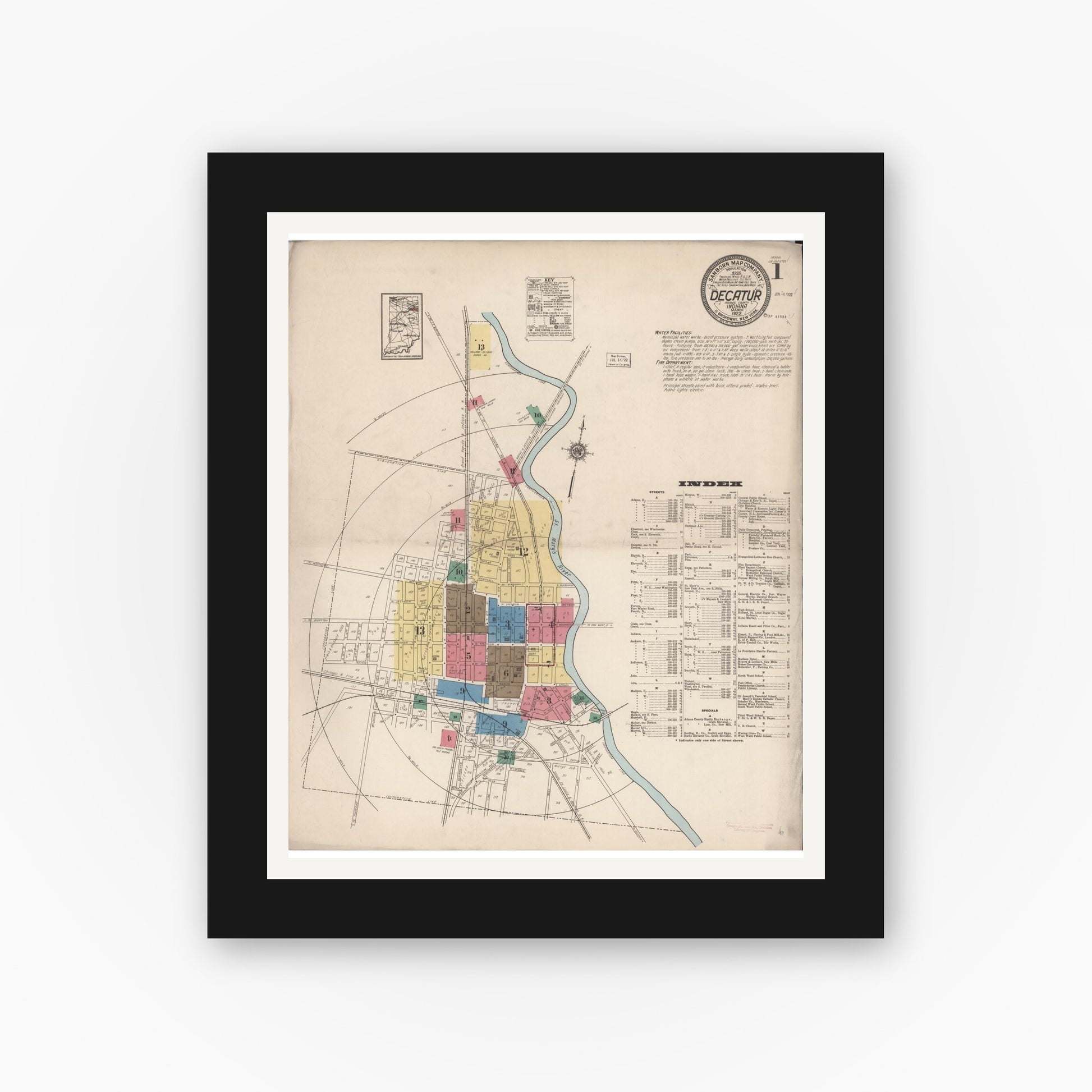 Old map wall art mockup — black gallery frame with white mat — Sanborn Fire Insurance Map from Decatur, Adams County, Indiana (1922) - Complete Map Set