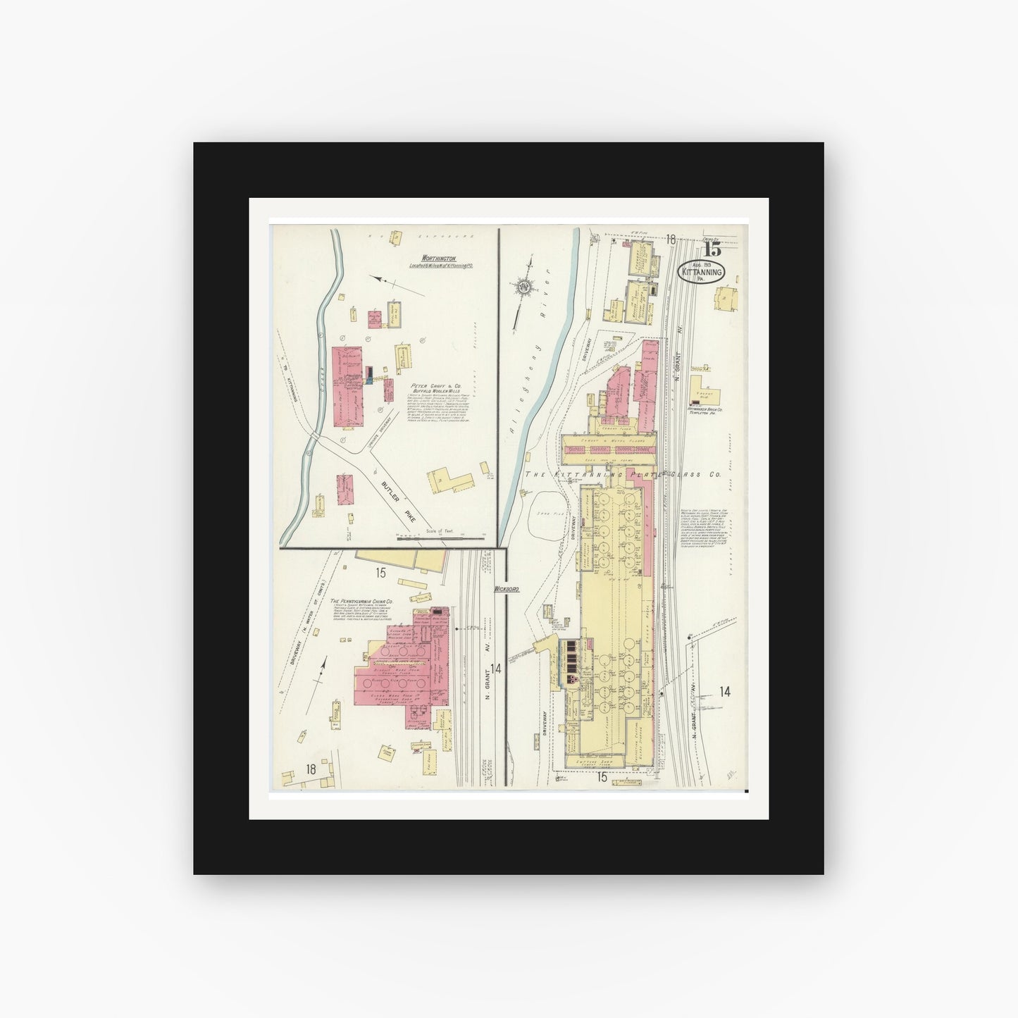 Old map wall art mockup — black gallery frame with white mat — Sanborn Fire Insurance Map from Kittanning, Armstrong County, Pennsylvania (1913), Sheet #0015
