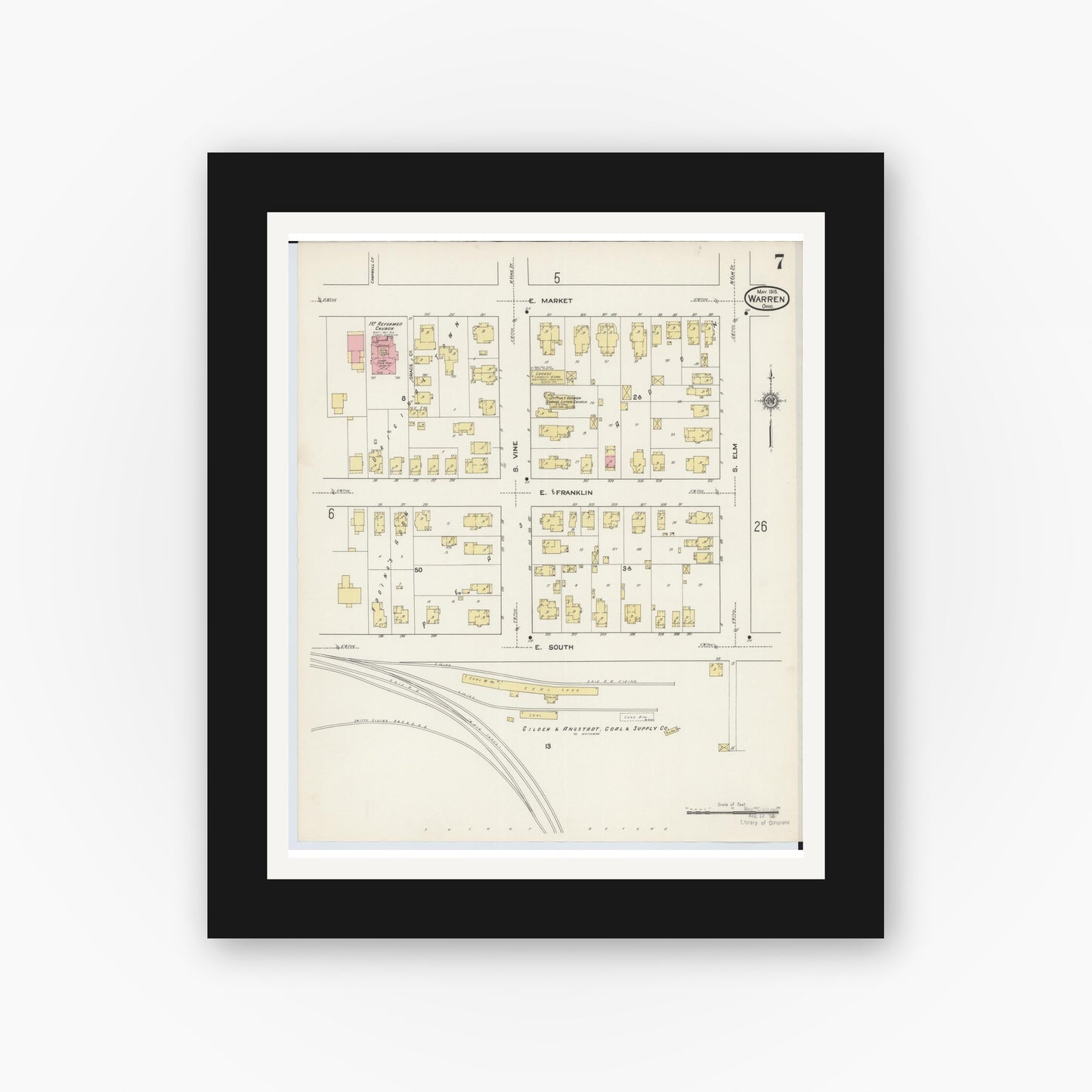 Old map wall art mockup — black gallery frame with white mat — Sanborn Fire Insurance Map from Warren, Trumbull County, Ohio (1915), Sheet #0007