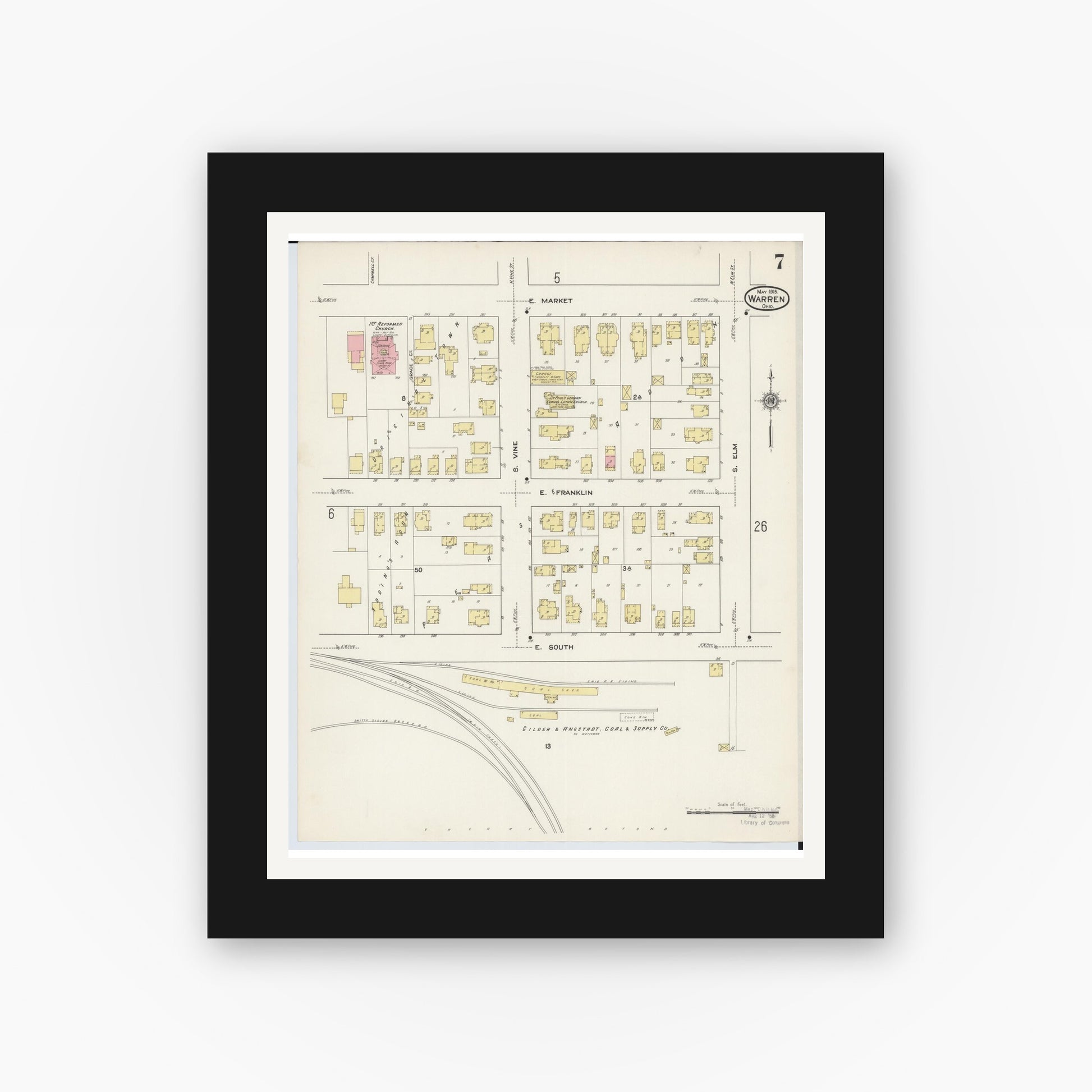 Old map wall art mockup — black gallery frame with white mat — Sanborn Fire Insurance Map from Warren, Trumbull County, Ohio (1915), Sheet #0007