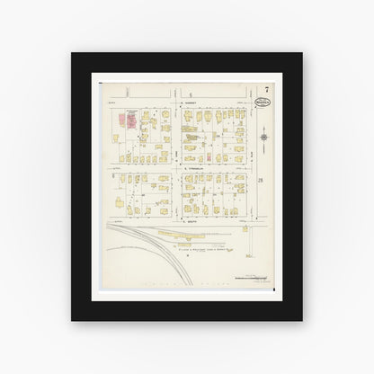 Old map wall art mockup — black gallery frame with white mat — Sanborn Fire Insurance Map from Warren, Trumbull County, Ohio (1915), Sheet #0007