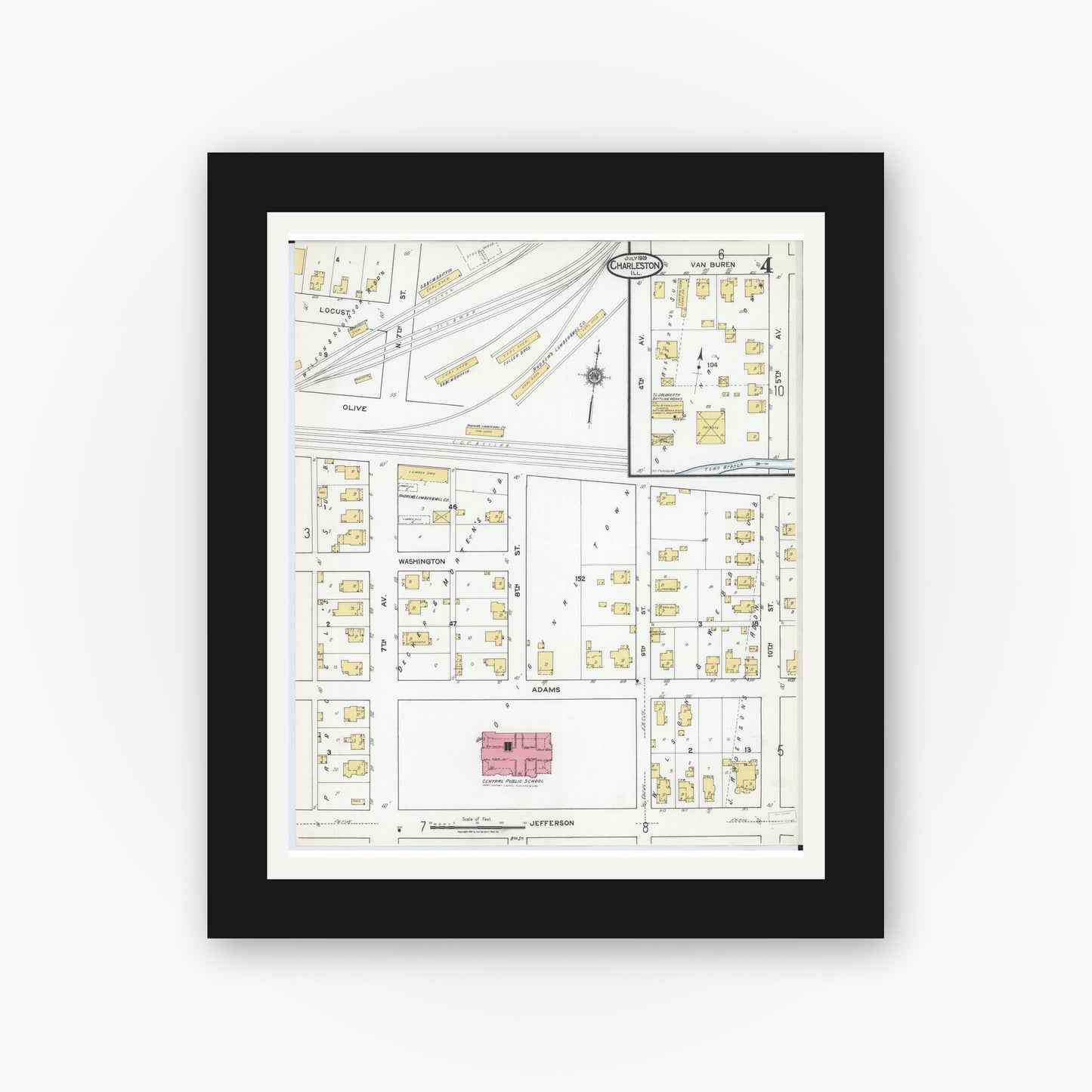 Old map wall art mockup — black gallery frame with white mat — Sanborn Fire Insurance Map from Charleston, Coles County, Illinois (1919), Sheet #0004