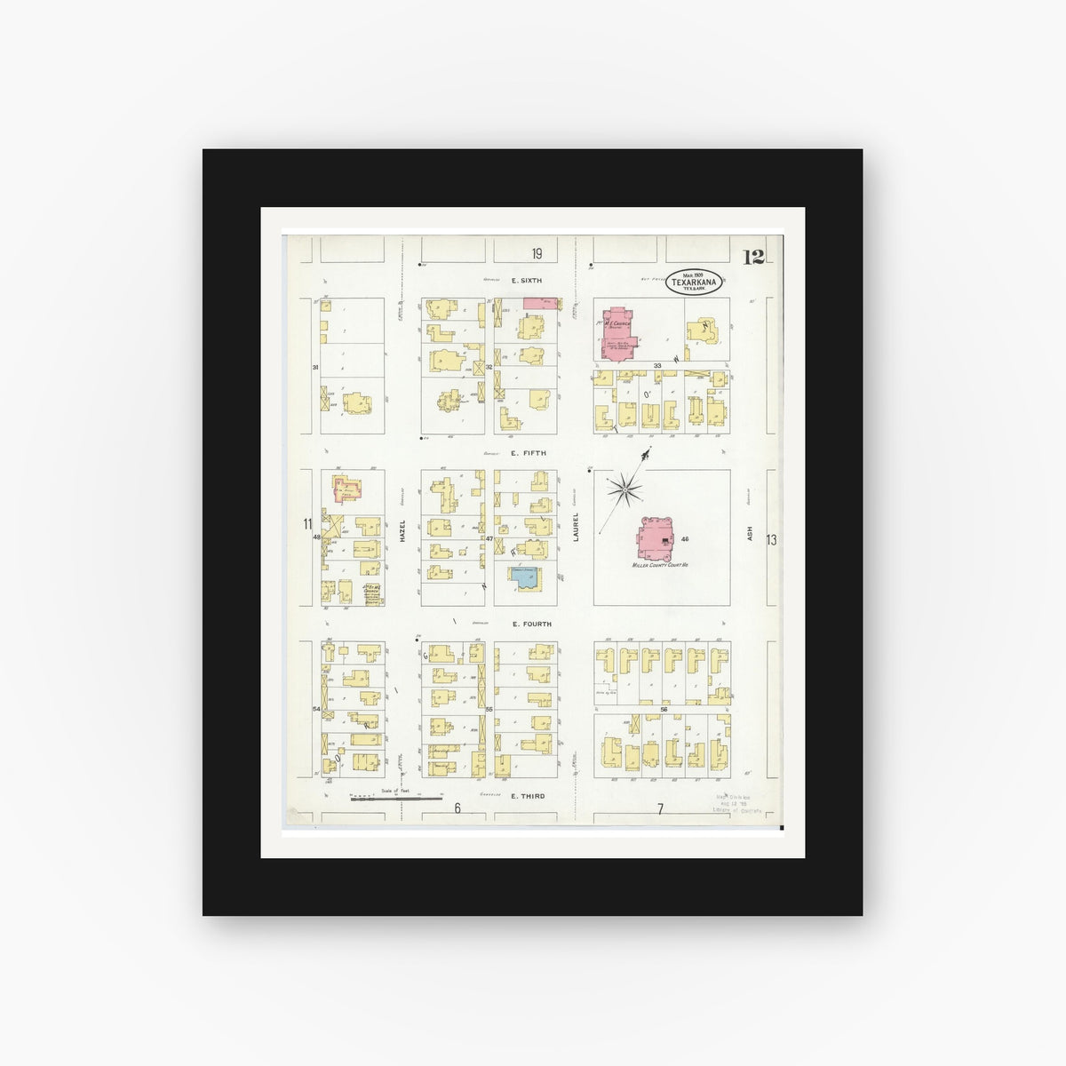 Old map wall art mockup — black gallery frame with white mat — Sanborn Fire Insurance Map from Texarkana, Bowie County, Texas (1909), Sheet #0012