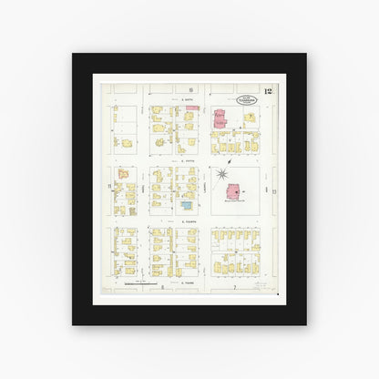 Old map wall art mockup — black gallery frame with white mat — Sanborn Fire Insurance Map from Texarkana, Bowie County, Texas (1909), Sheet #0012