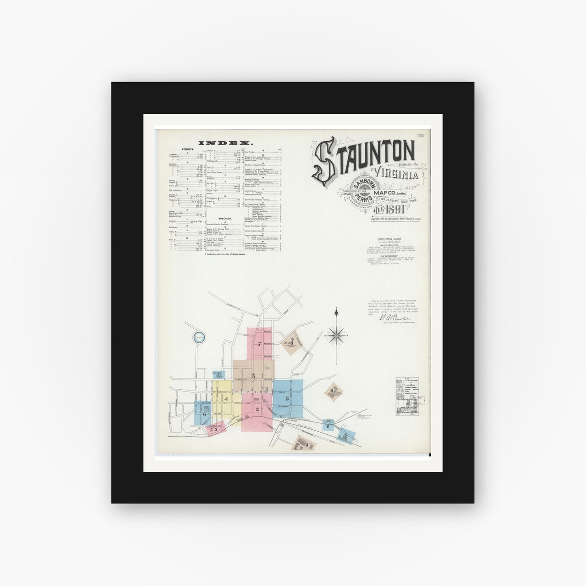 Old map wall art mockup — black gallery frame with white mat — Sanborn Fire Insurance Map from Staunton, Independent Cities, Virginia (1891), Sheet #0001