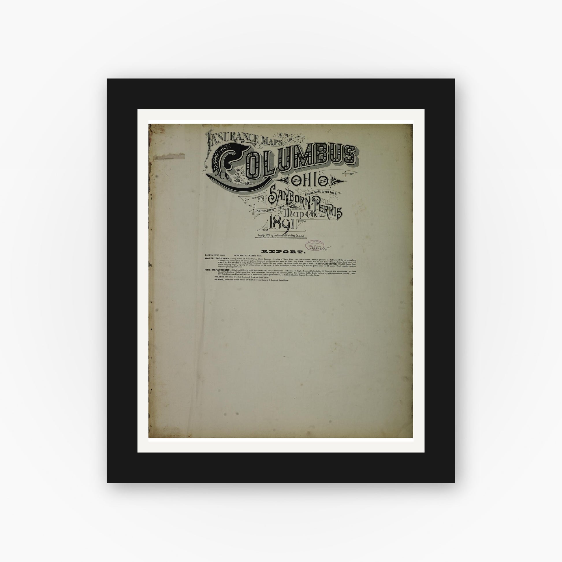Old map wall art mockup — black gallery frame with white mat — Sanborn Fire Insurance Map from Columbus, Franklin County, Ohio (1891), Sheet #0001