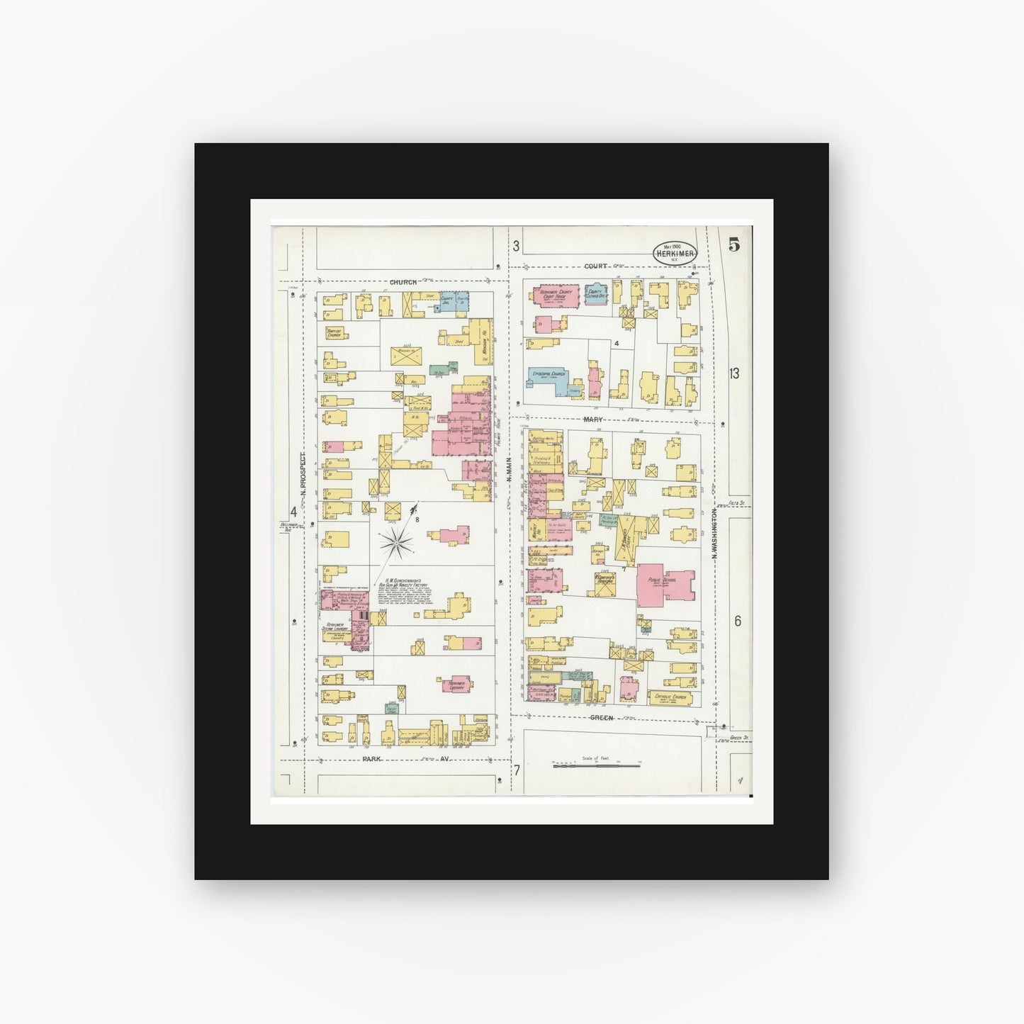Old map wall art mockup — black gallery frame with white mat — Sanborn Fire Insurance Map from Herkimer, Herkimer County, New York (1900), Sheet #0005