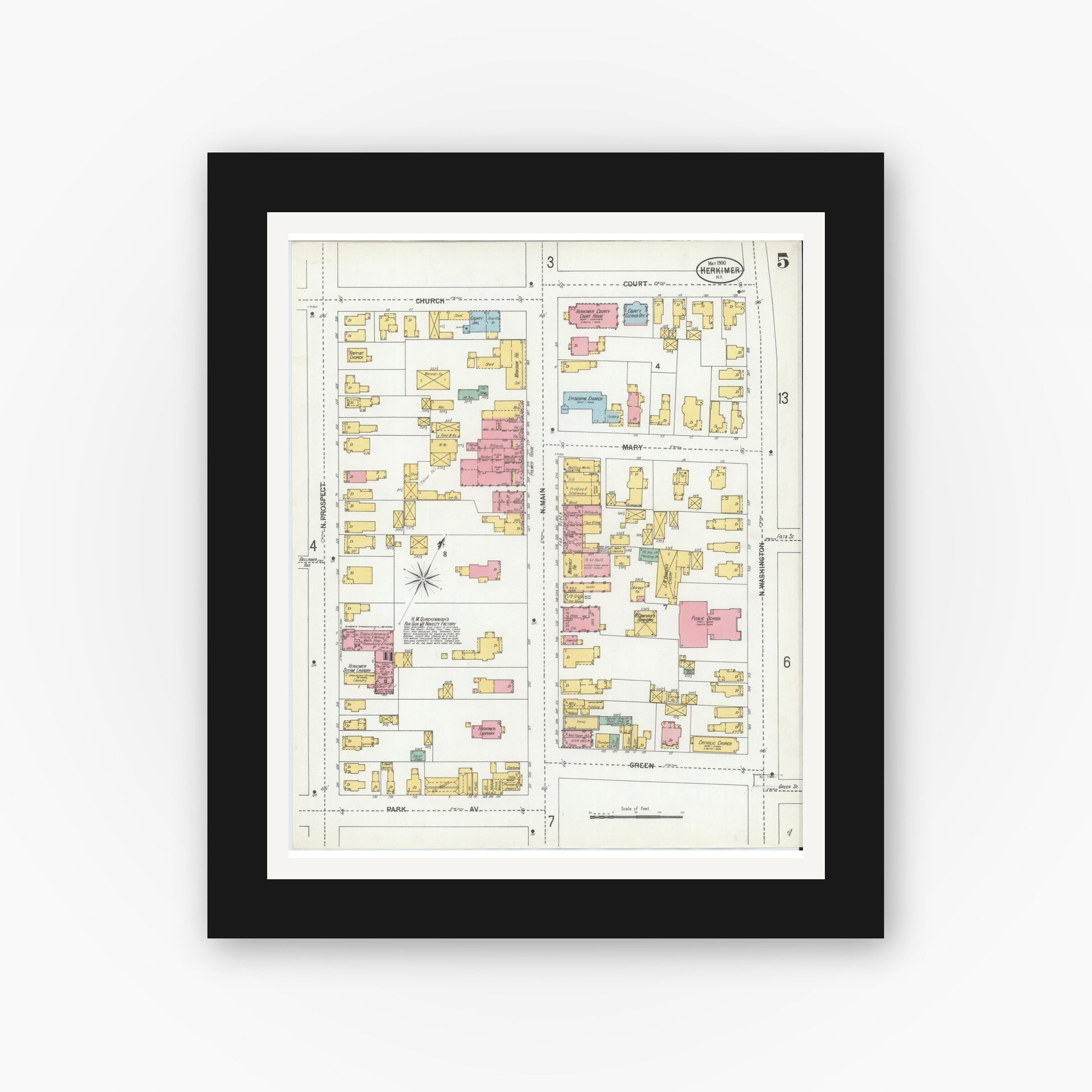 Old map wall art mockup — black gallery frame with white mat — Sanborn Fire Insurance Map from Herkimer, Herkimer County, New York (1900), Sheet #0005