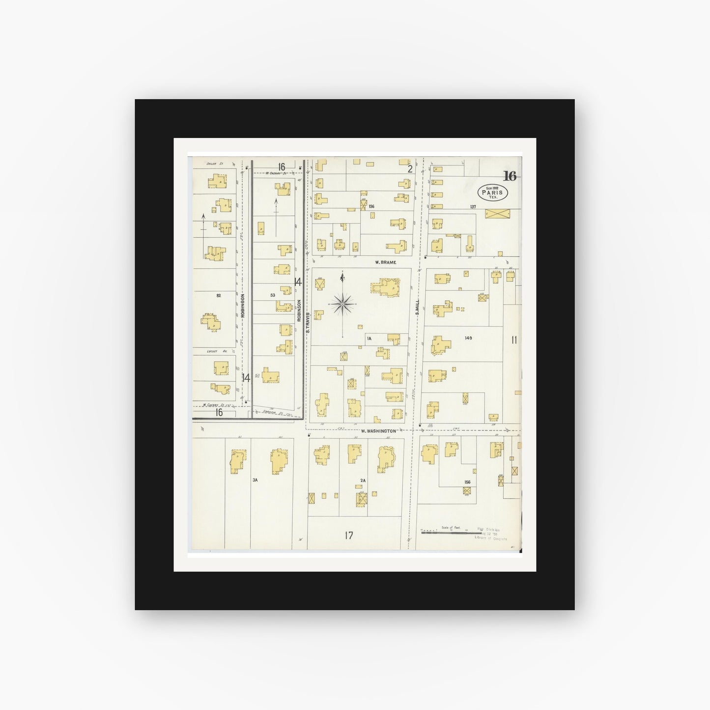 Old map wall art mockup — black gallery frame with white mat — Sanborn Fire Insurance Map from Paris, Lamar County, Texas (1902), Sheet #0016
