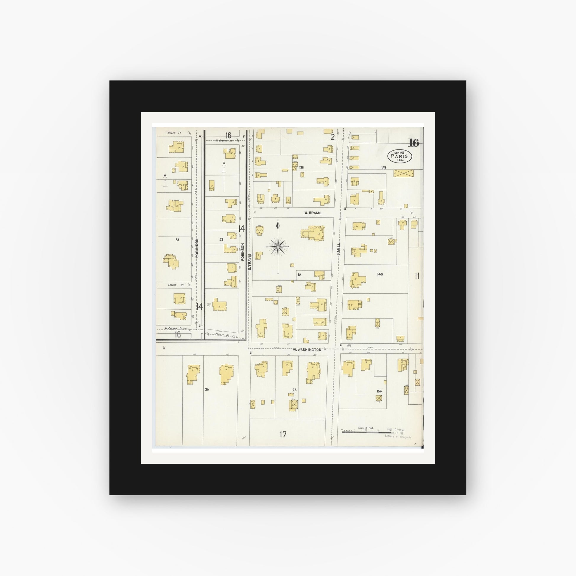 Old map wall art mockup — black gallery frame with white mat — Sanborn Fire Insurance Map from Paris, Lamar County, Texas (1902), Sheet #0016