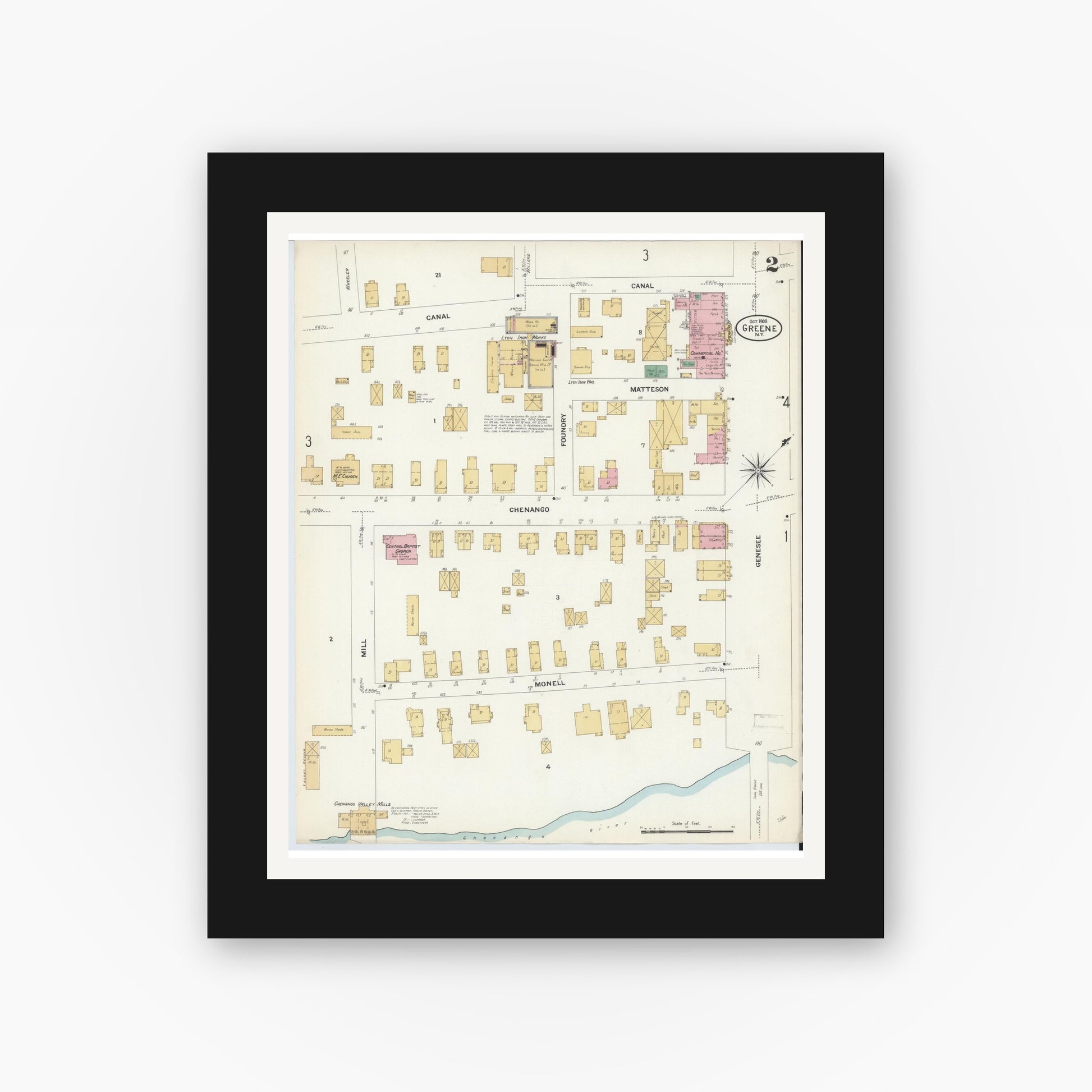 Old map wall art mockup — black gallery frame with white mat — Sanborn Fire Insurance Map from Greene, Chenango County, New York (1908), Sheet #0002