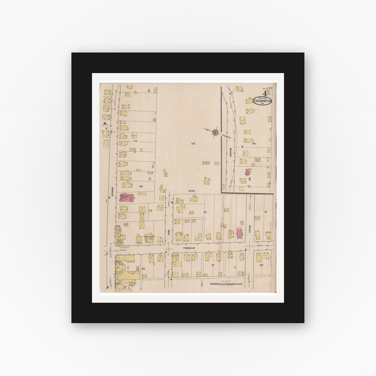 Old map wall art mockup — black gallery frame with white mat — Sanborn Fire Insurance Map from Cochranton, Crawford County, Pennsylvania (1922), Sheet #0004