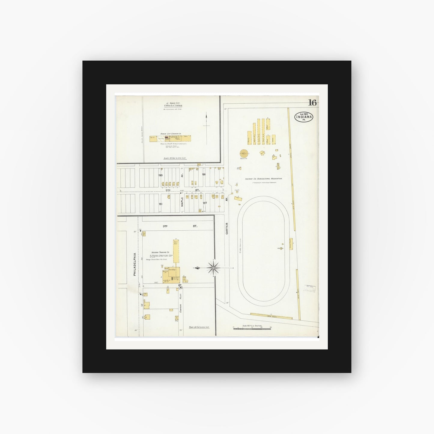 Old map wall art mockup — black gallery frame with white mat — Sanborn Fire Insurance Map from Indiana, Indiana County, Pennsylvania (1903), Sheet #0016