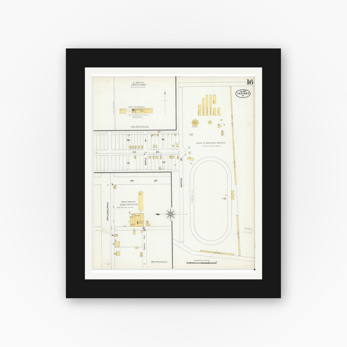 Old map wall art mockup — black gallery frame with white mat — Sanborn Fire Insurance Map from Indiana, Indiana County, Pennsylvania (1903), Sheet #0016