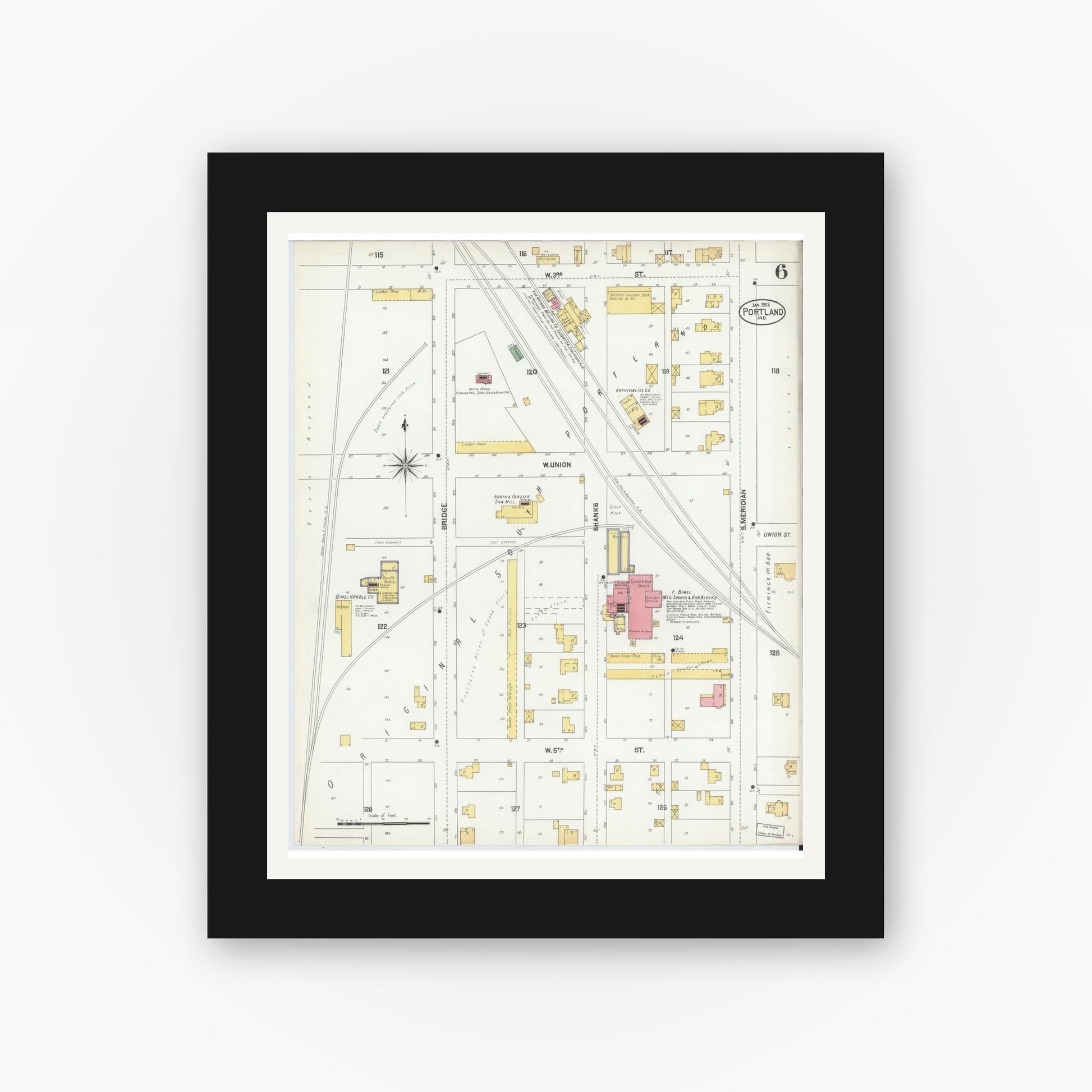 Old map wall art mockup — black gallery frame with white mat — Sanborn Fire Insurance Map from Portland, Jay County, Indiana (1902), Sheet #0006