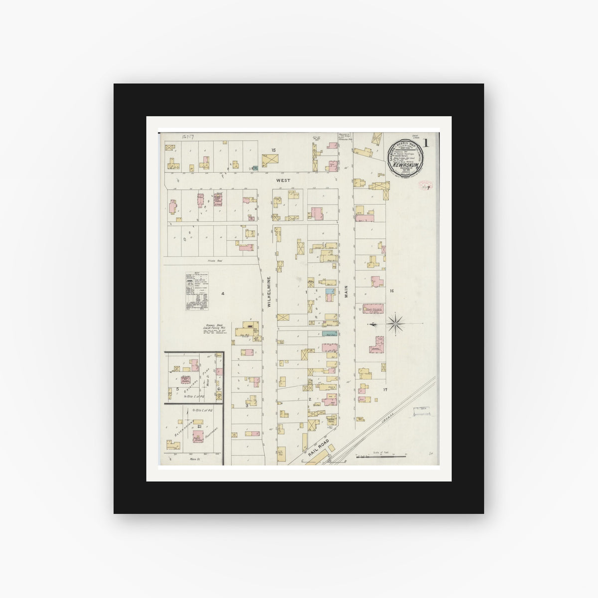 Old map wall art mockup — black gallery frame with white mat — Sanborn Fire Insurance Map from Kewaskum, Washington County, Wisconsin (1894), Sheet #0001