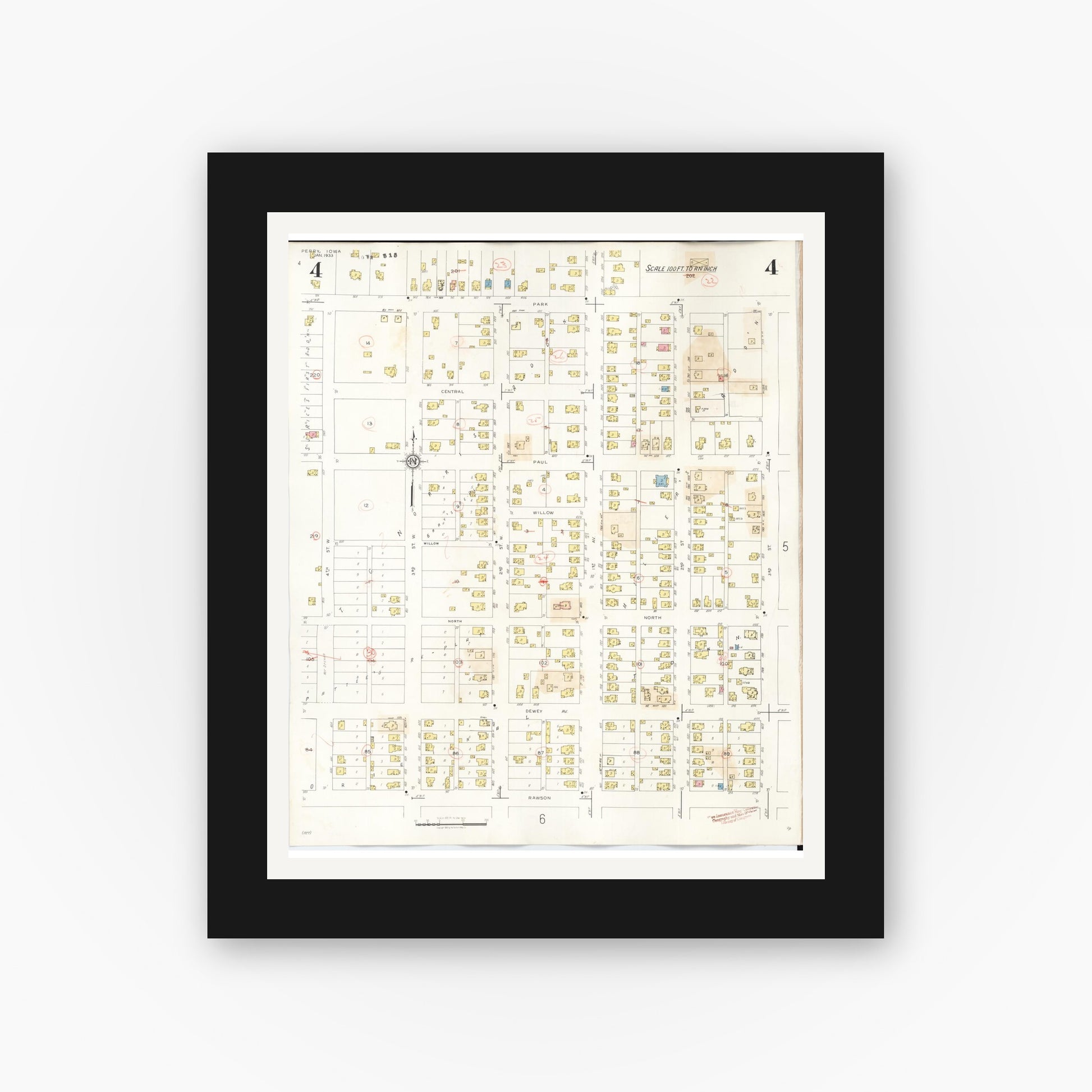 Old map wall art mockup — black gallery frame with white mat — Sanborn Fire Insurance Map from Perry, Dallas County, Iowa (1947), Sheet #0004