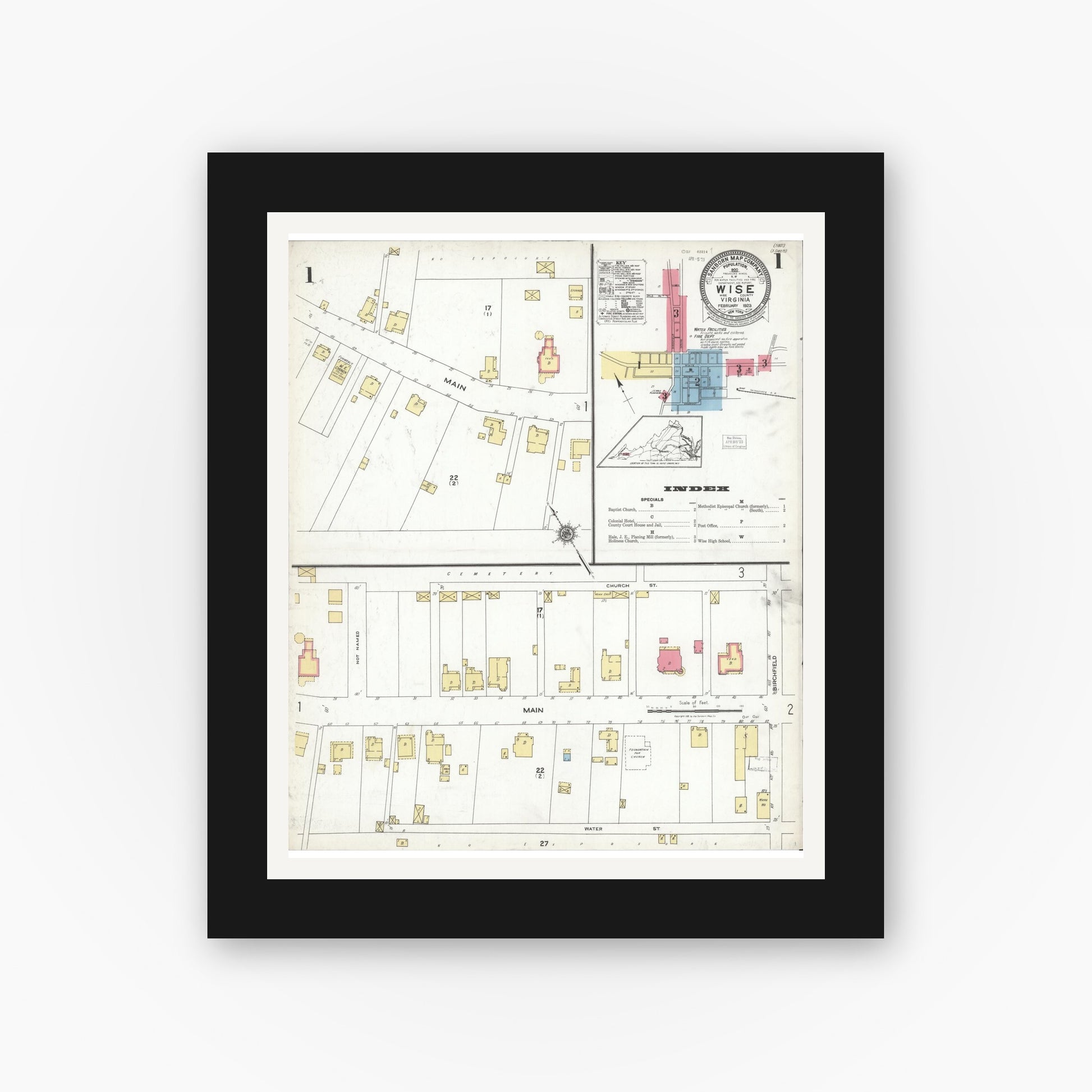 Old map wall art mockup — black gallery frame with white mat — Sanborn Fire Insurance Map from Wise, Wise County, Virginia (1923), Sheet #0001