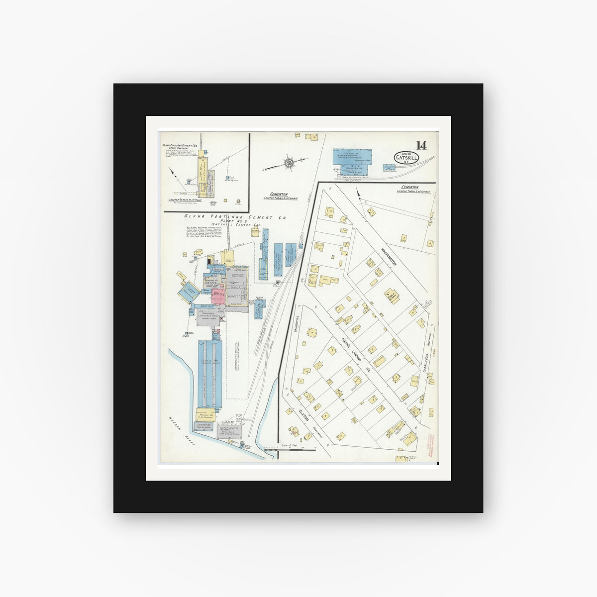 Old map wall art mockup — black gallery frame with white mat — Sanborn Fire Insurance Map from Catskill, Greene County, New York (1912), Sheet #0014