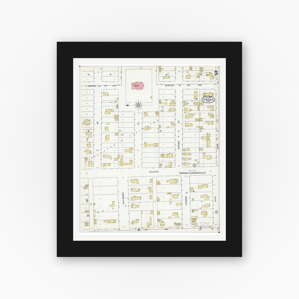 Old map wall art mockup — black gallery frame with white mat — Sanborn Fire Insurance Map from Anoka, Anoka County, Minnesota (1904), Sheet #0005