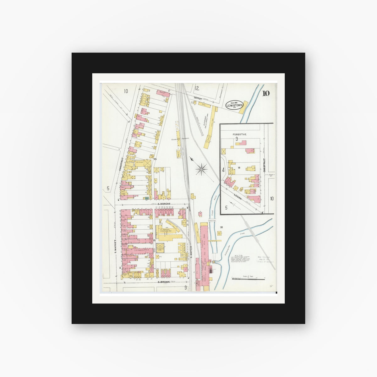 Old map wall art mockup — black gallery frame with white mat — Sanborn Fire Insurance Map from Lewistown, Mifflin County, Pennsylvania (1904), Sheet #0010