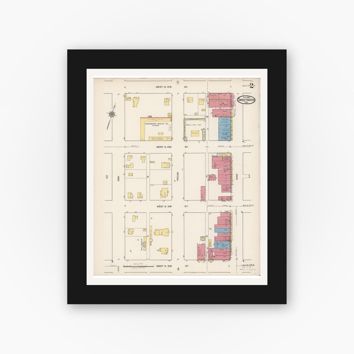 Old map wall art mockup — black gallery frame with white mat — Sanborn Fire Insurance Map from Sweetwater, Nolan County, Texas (1922), Sheet #0002