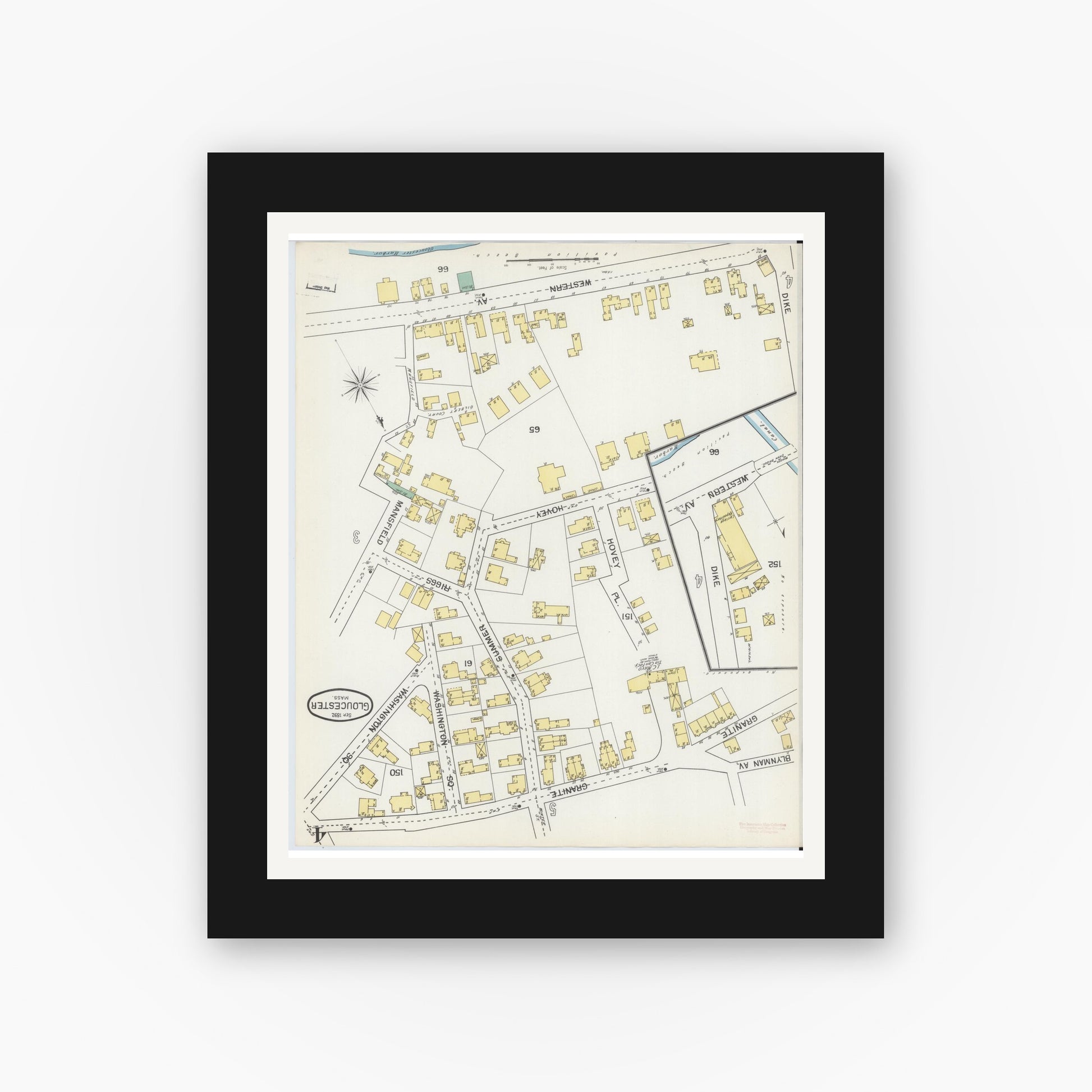 Old map wall art mockup — black gallery frame with white mat — Sanborn Fire Insurance Map from Gloucester, Essex County, Massachusetts (1892), Sheet #0004