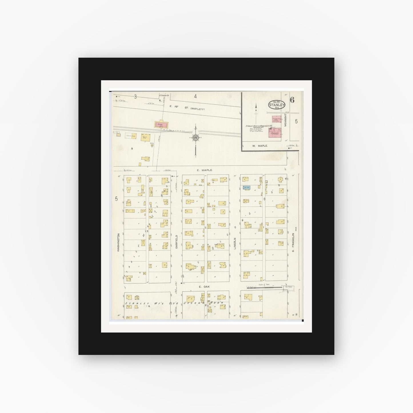 Old map wall art mockup — black gallery frame with white mat — Sanborn Fire Insurance Map from Stanley, Chippewa County, Wisconsin (1912), Sheet #0006