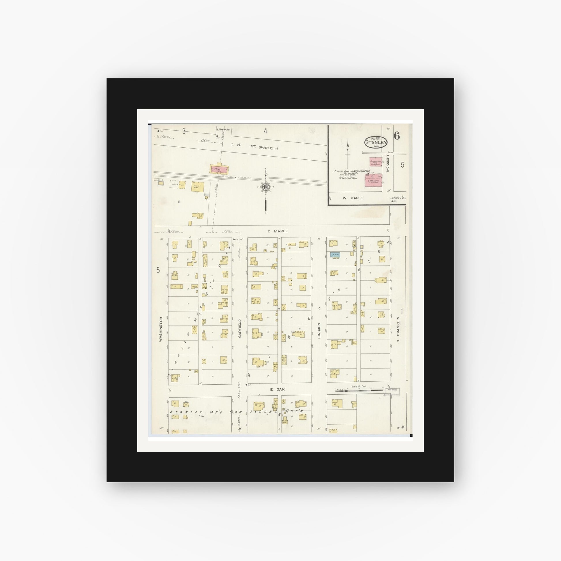 Old map wall art mockup — black gallery frame with white mat — Sanborn Fire Insurance Map from Stanley, Chippewa County, Wisconsin (1912), Sheet #0006
