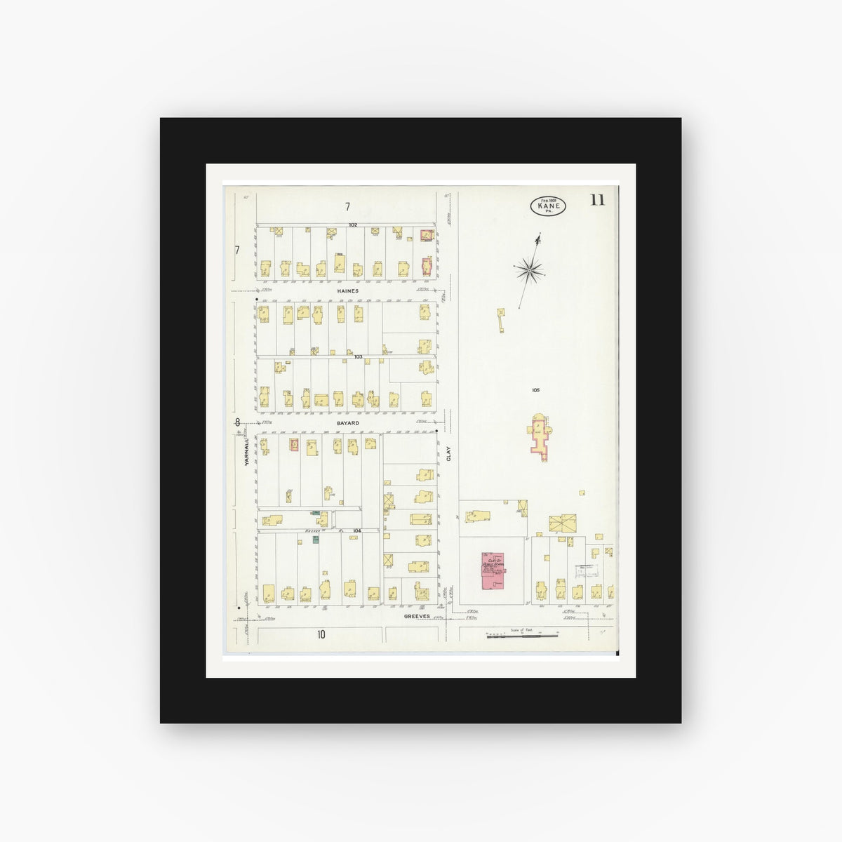 Old map wall art mockup — black gallery frame with white mat — Sanborn Fire Insurance Map from Kane, McKean County, Pennsylvania (1909), Sheet #0011