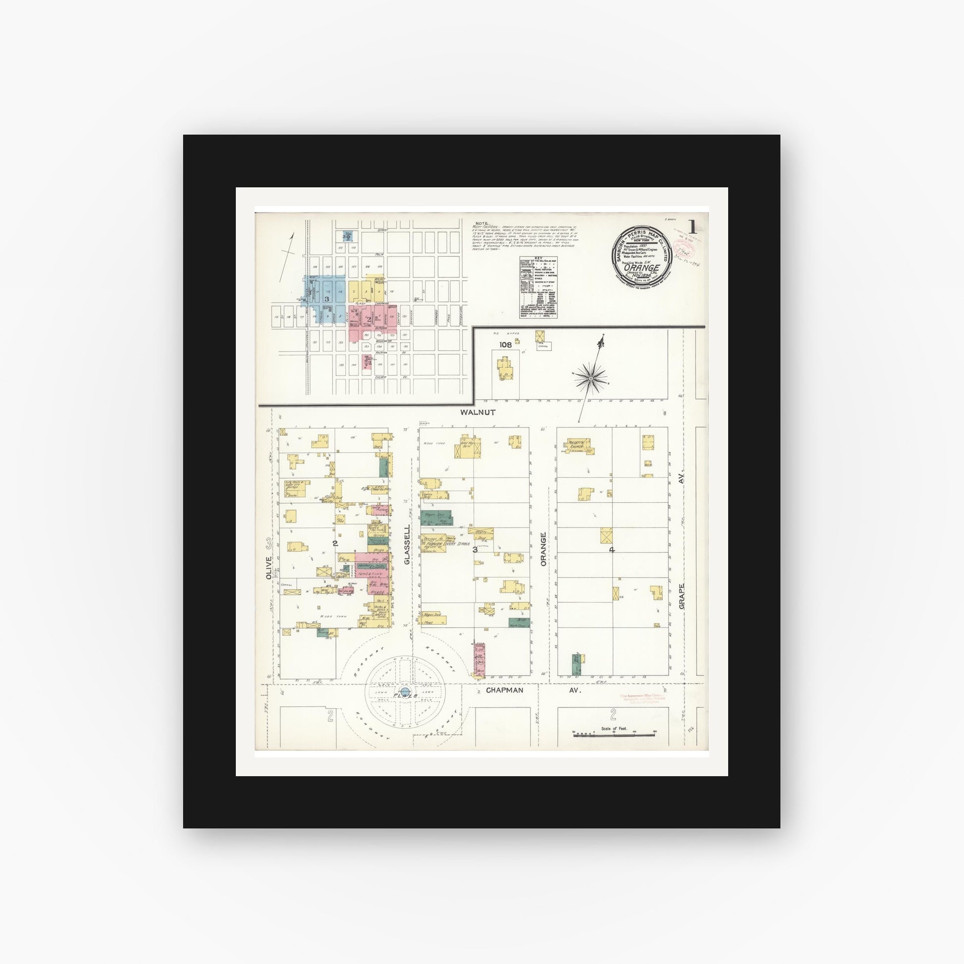 Old map wall art mockup — black gallery frame with white mat — Sanborn Fire Insurance Map from Orange, Orange County, California (1894) - Complete Map Set