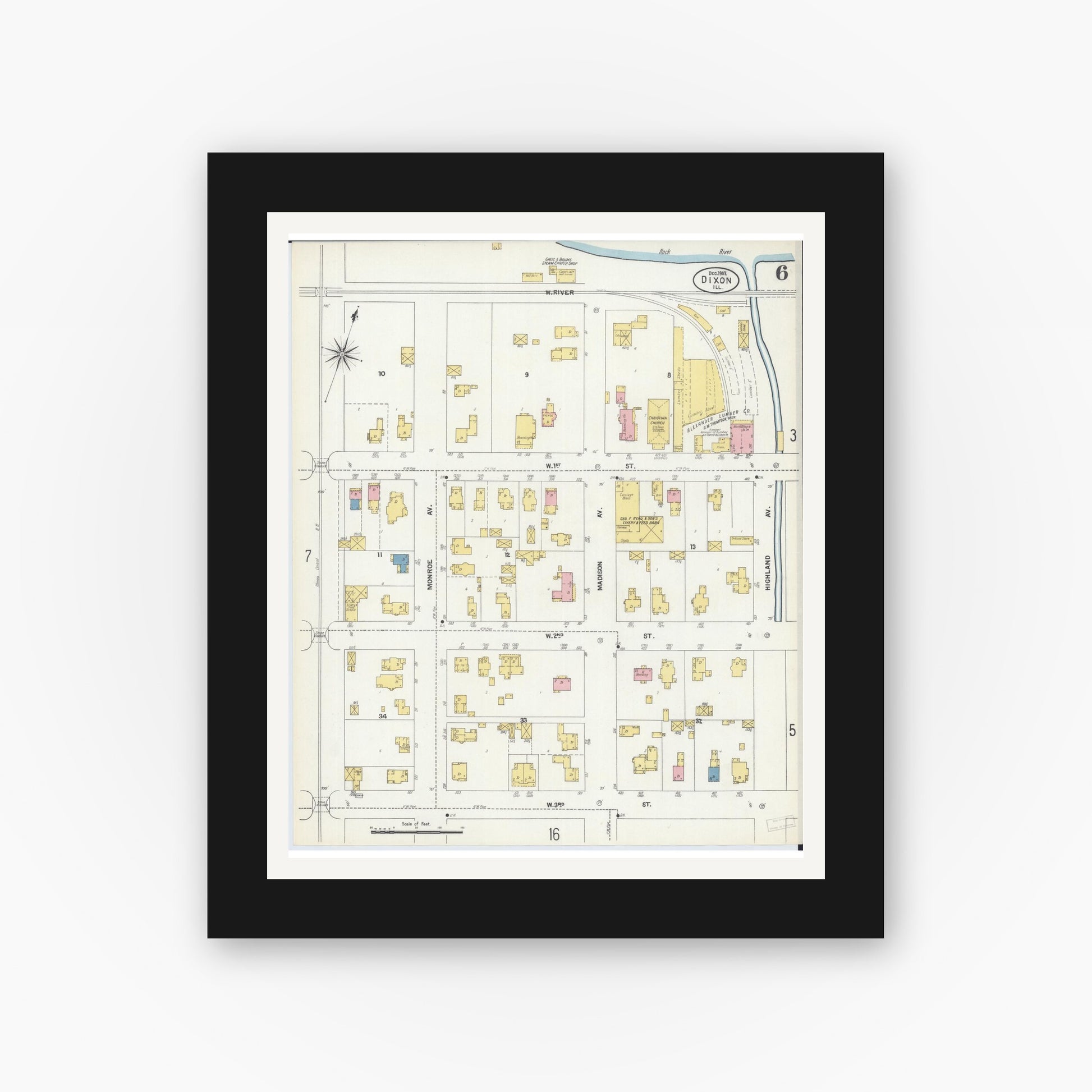 Old map wall art mockup — black gallery frame with white mat — Sanborn Fire Insurance Map from Dixon, Lee County, Illinois (1902), Sheet #0006