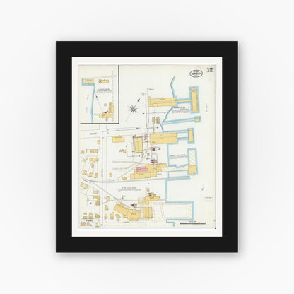 Old map wall art mockup — black gallery frame with white mat — Sanborn Fire Insurance Map from New Bern, Craven County, North Carolina (1904), Sheet #0012