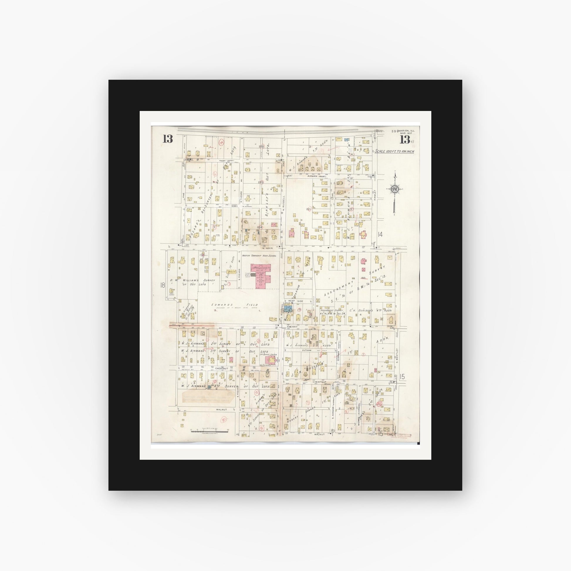 Old map wall art mockup — black gallery frame with white mat — Sanborn Fire Insurance Map from Marion, Williamson County, Illinois (1946), Sheet #0013