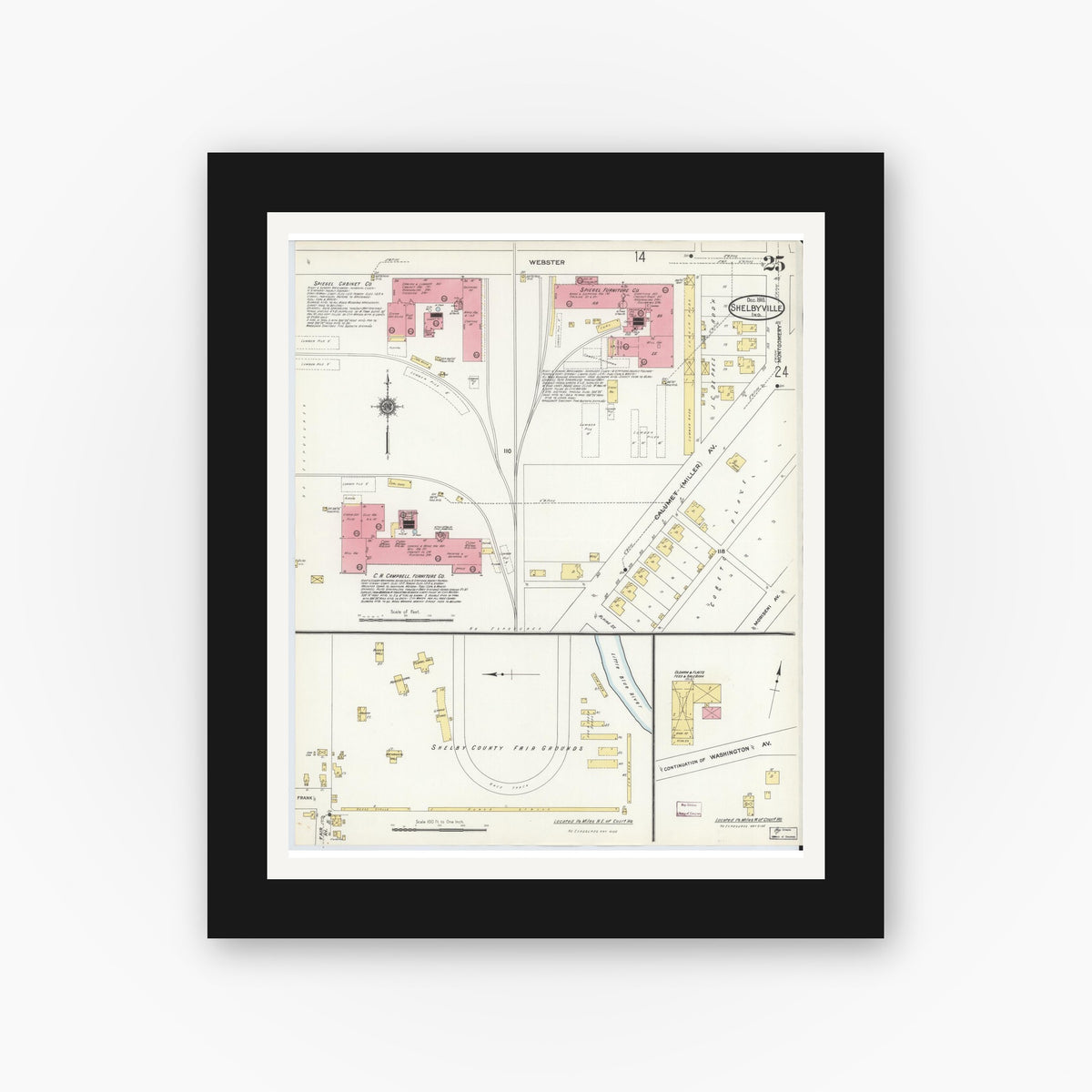 Old map wall art mockup — black gallery frame with white mat — Sanborn Fire Insurance Map from Shelbyville, Shelby County, Indiana (1910), Sheet #0025