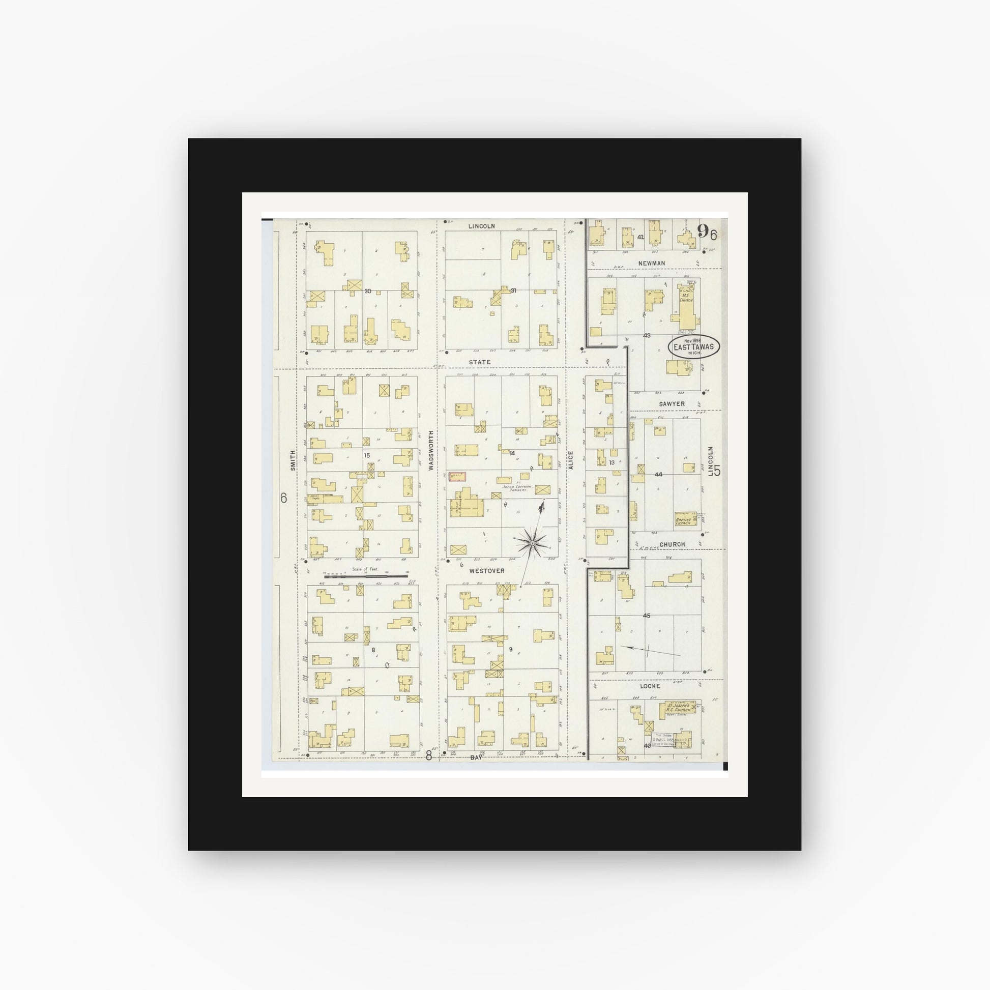 Old map wall art mockup — black gallery frame with white mat — Sanborn Fire Insurance Map from East Tawas, Iosco County, Michigan (1898), Sheet #0009