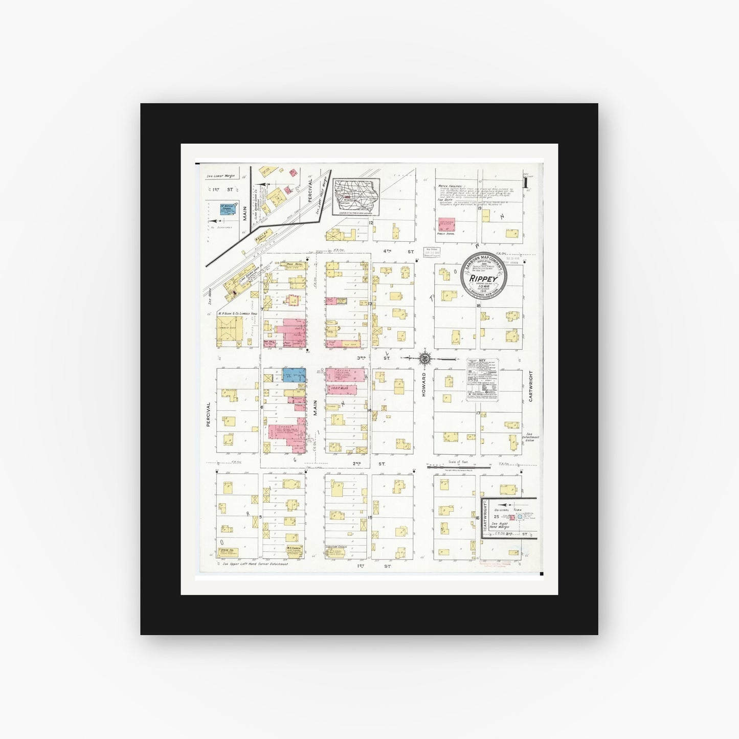 Old map wall art mockup — black gallery frame with white mat — Sanborn Fire Insurance Map from Rippey, Greene County, Iowa (1918), Sheet #0001