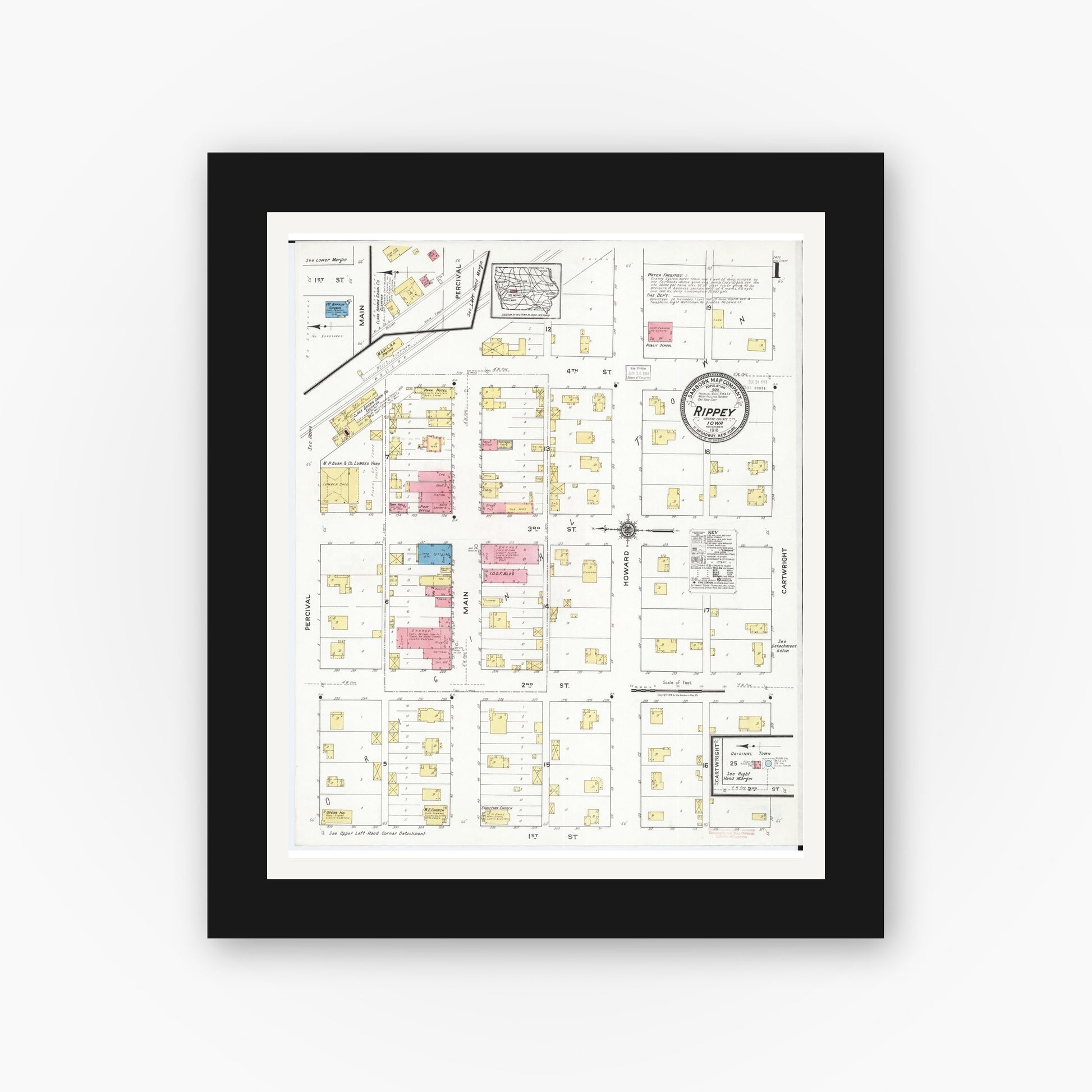 Old map wall art mockup — black gallery frame with white mat — Sanborn Fire Insurance Map from Rippey, Greene County, Iowa (1918), Sheet #0001
