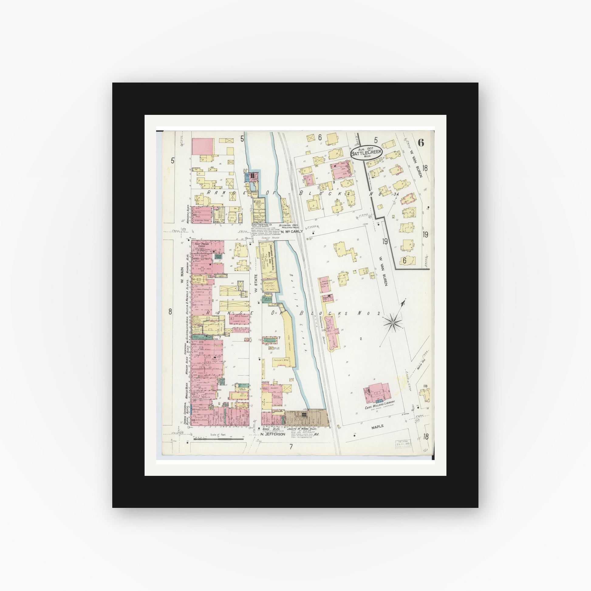 Old map wall art mockup — black gallery frame with white mat — Sanborn Fire Insurance Map from Battle Creek, Calhoun County, Michigan (1907), Sheet #0006