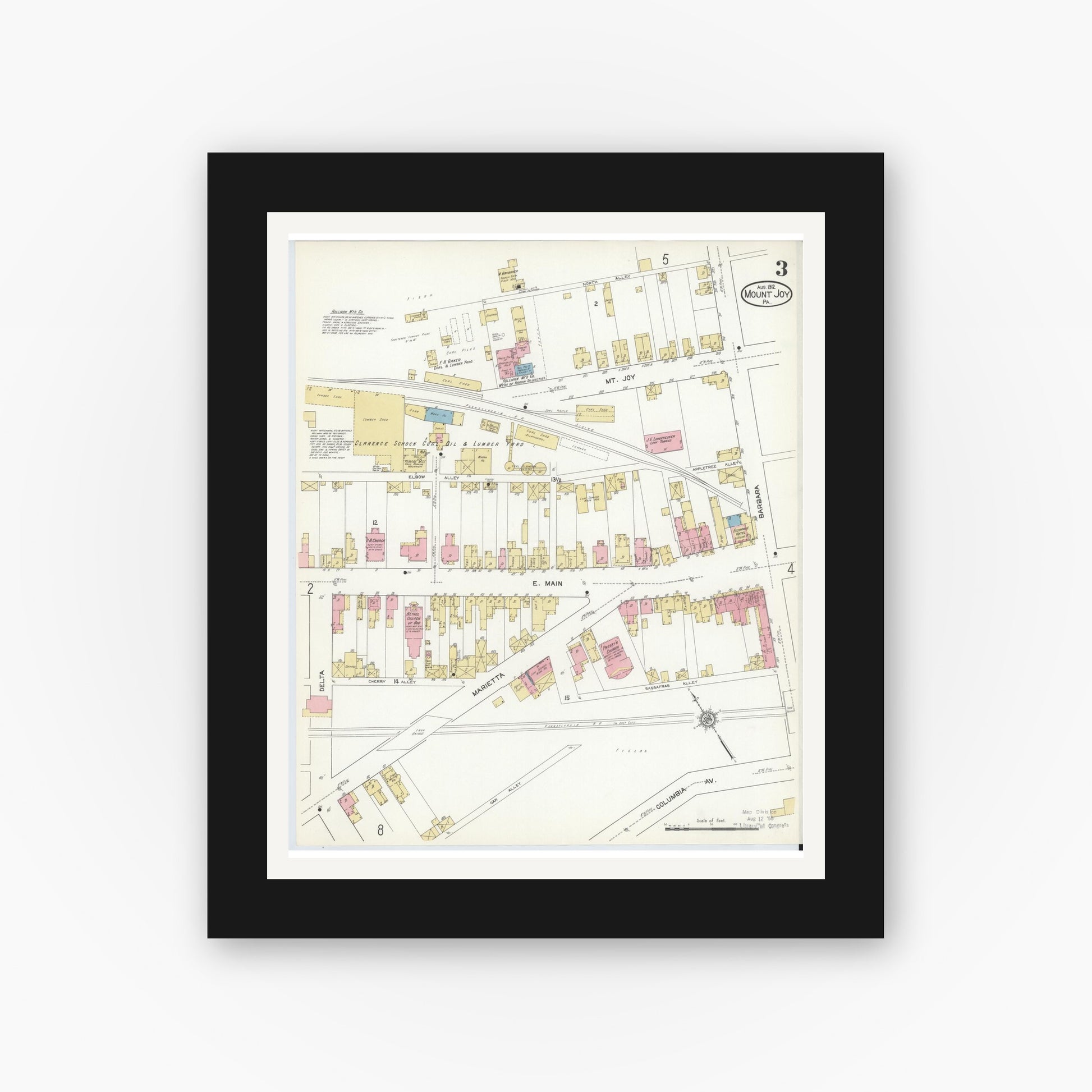 Old map wall art mockup — black gallery frame with white mat — Sanborn Fire Insurance Map from Mount Joy, Lancaster County, Pennsylvania (1912), Sheet #0003