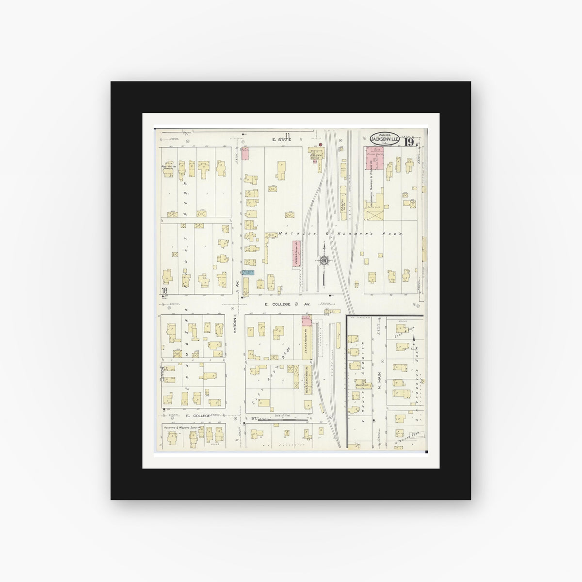 Old map wall art mockup — black gallery frame with white mat — Sanborn Fire Insurance Map from Jacksonville, Morgan County, Illinois (1914), Sheet #0019