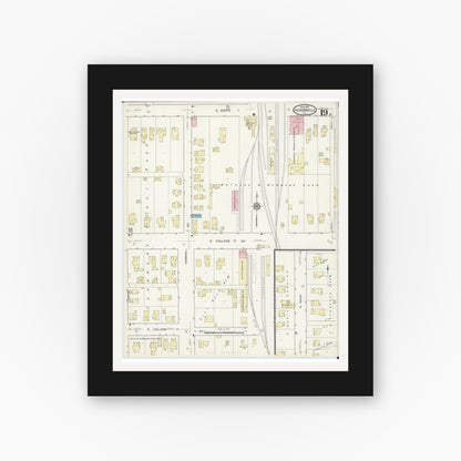 Old map wall art mockup — black gallery frame with white mat — Sanborn Fire Insurance Map from Jacksonville, Morgan County, Illinois (1914), Sheet #0019